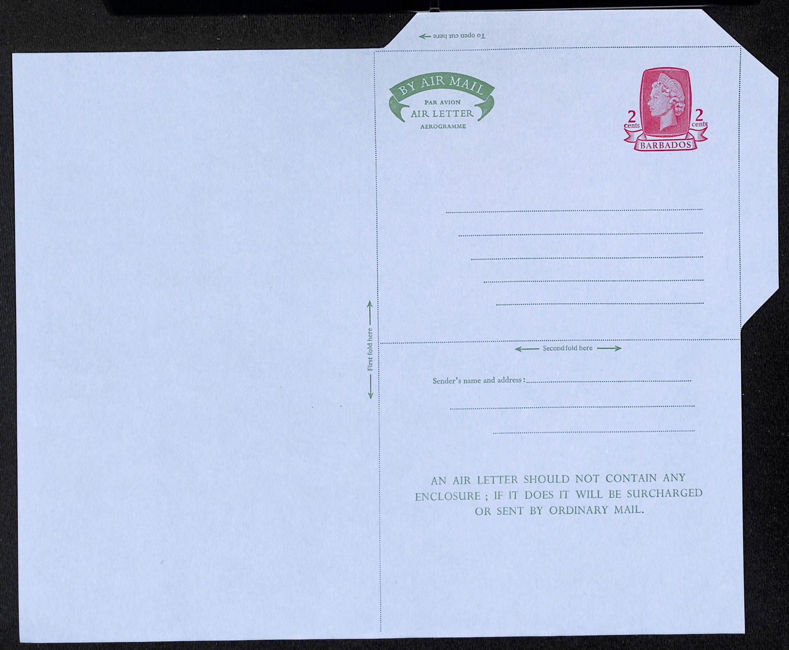 Barbados 1971: Title: Barbados 1971 Description: Aerogramme: Unadopted 2c Essay in green on blue ungummed airmail paper, with red 'stamp' impression, from the printer's archive.