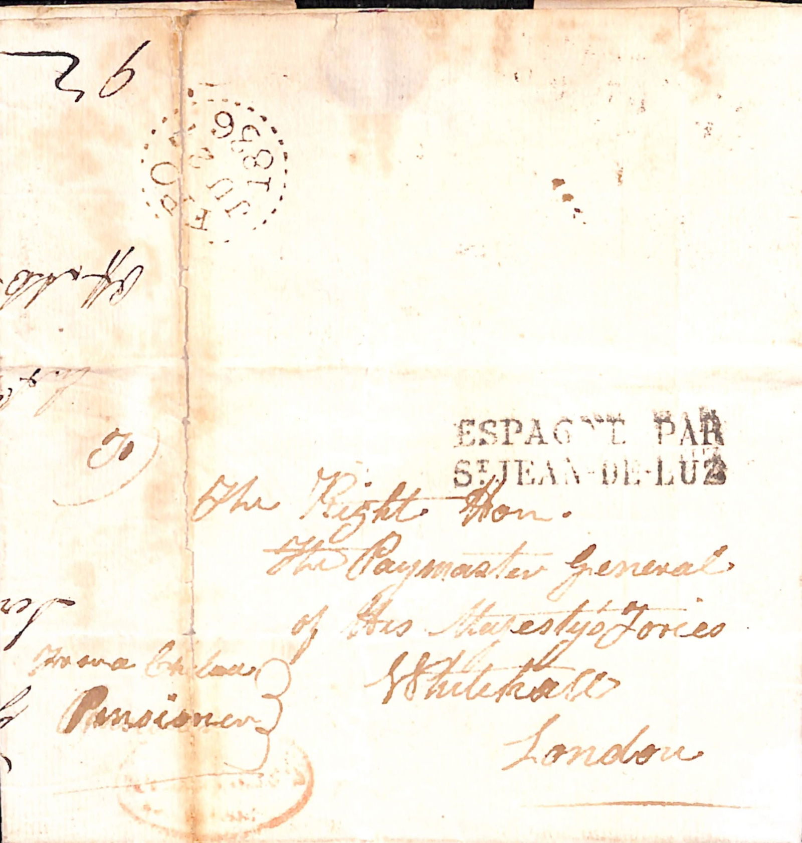 Spain - First Carlist War 1836 (Jun 18): Title: Spain - First Carlist War 1836 (Jun 18) Description: Entire letter (strengthened file fold) written from San Sebastian by George Marvington 'Pensioner 9th Regiment 9d per day', with red