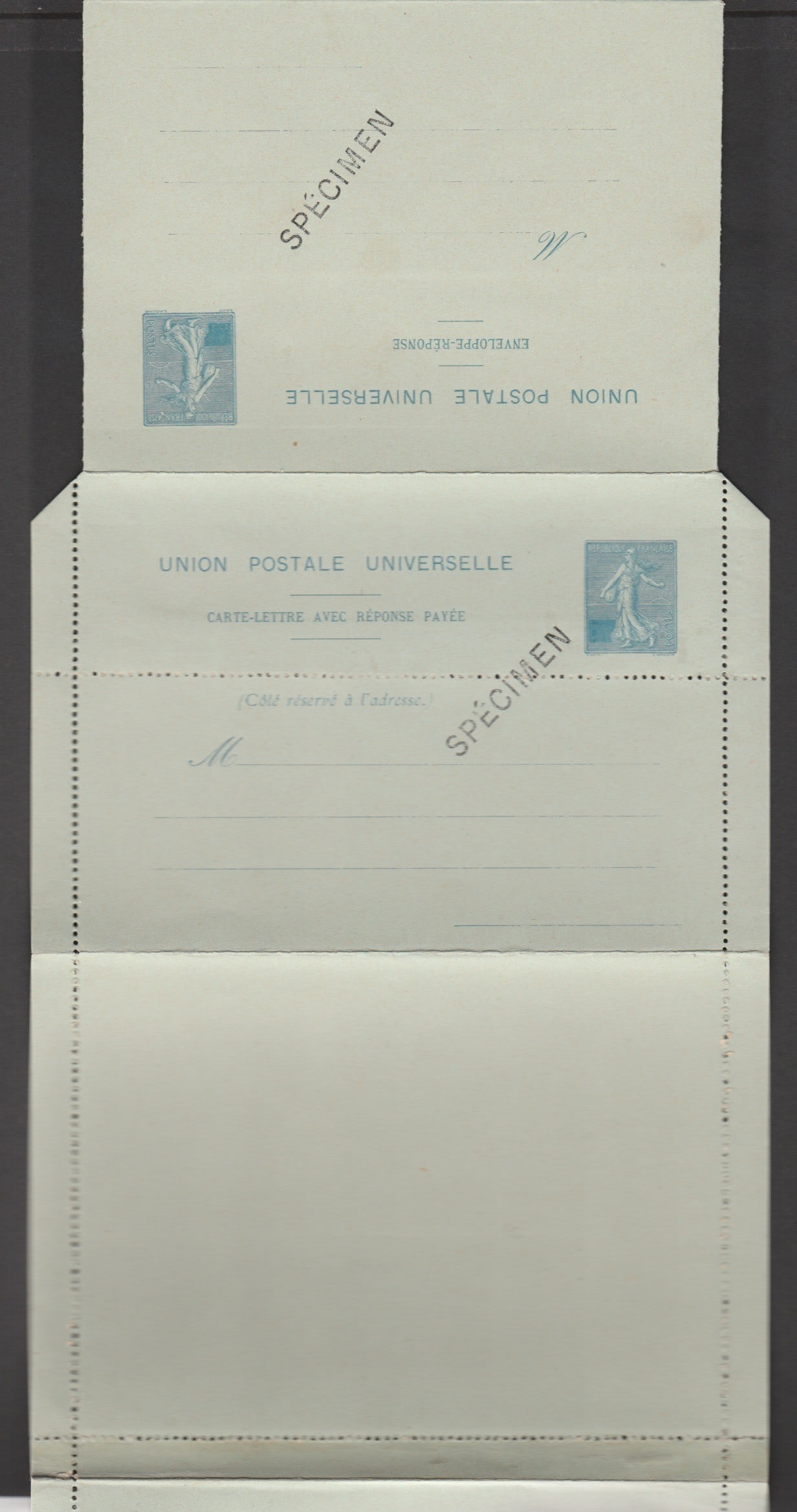 Universal Postal Union/France 1906: Title: Universal Postal Union/France 1906 Description: France ESSAY for a Reply Letter Card comprising a letter card for the reply enclosed within the letter card for the outward messa