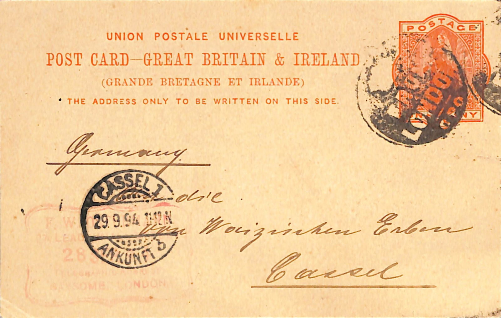 G.B. - London 1894: Title: G.B. - London 1894 Description: 1d postal stationery Post card to Germany cancelled by a fine intaglio mailbag seal "(crown) / FROM / LONDON G.P.O.", presumably applied in the Foreign