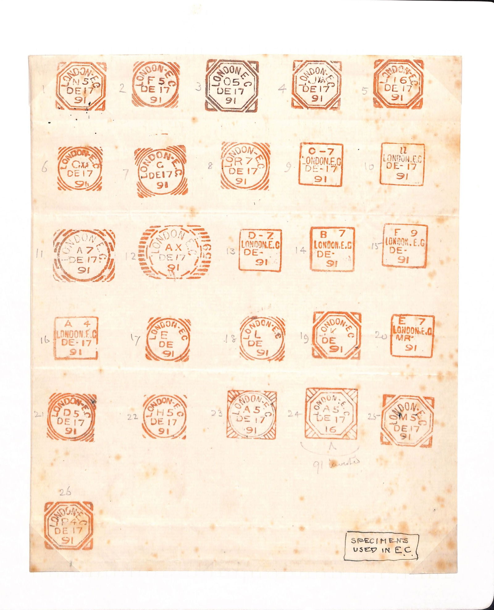 G.B. - London 1891 (Dec 17): Title: G.B. - London 1891 (Dec 17) Description: Page bearing proof impressions in red of 26 differing squared circle or square boxed London E.C datestamps including two rare experiment