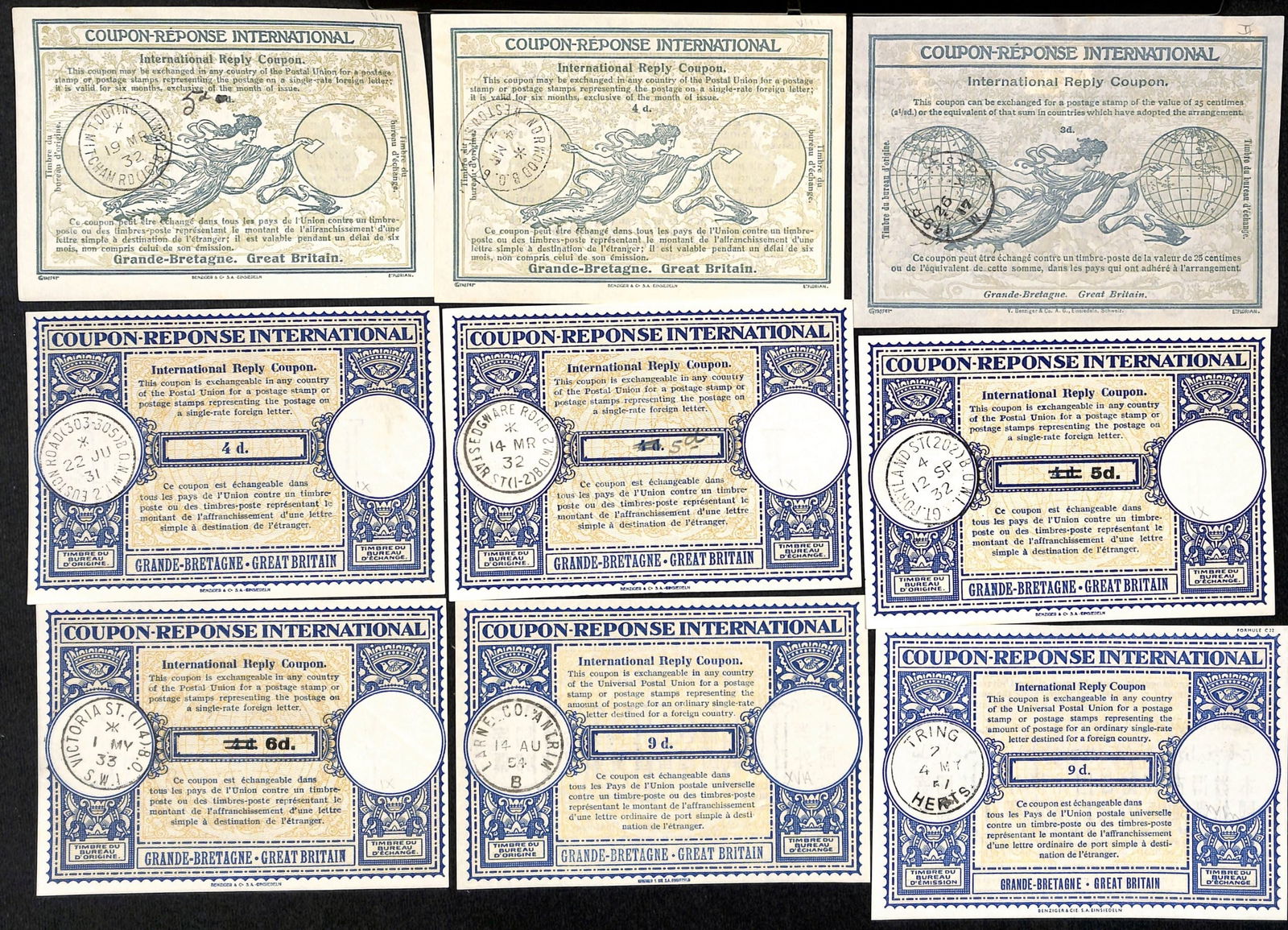 Great Britain: Title: Great Britain Description: 1917 to 1985, International Reply Coupons, Rome 1st design 3d (type II, slight faults), 4d (VII, two, one uprated 5d in manuscript), London 2nd design 4d (IX,
