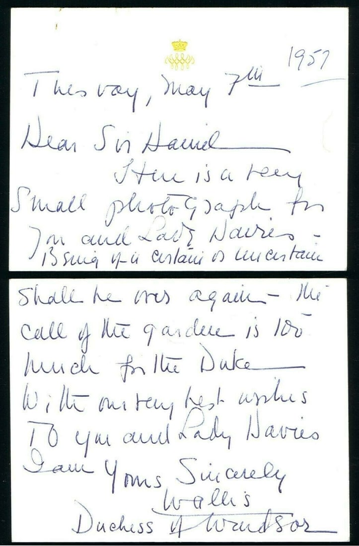 Royalty Duchess of Windsor (Wallis Simpson) two embossed cards handwritten in biro note from the - 3