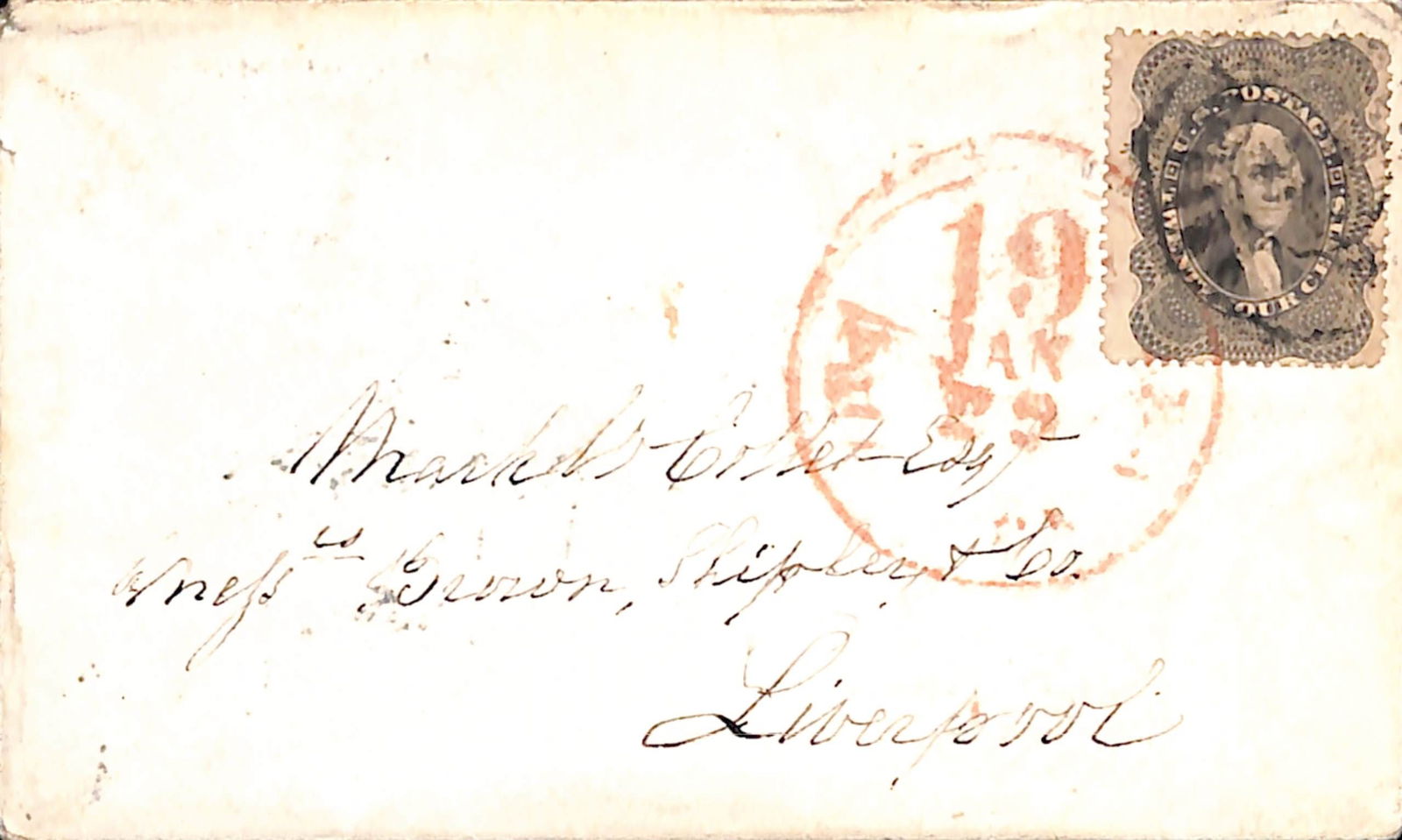 United States 1861: Title: United States 1861 Description: Neat Cover to England with 1860 perf.15 24c grey-lilac tied by Philadelphia octagonal datestamp and large red 19 cents c.d.s., with Liverpool backstamp (11