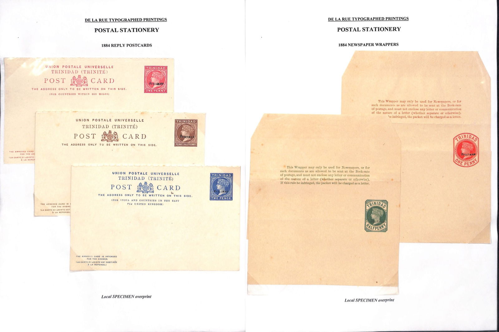 Trinidad - Postal Stationery 1883-84: Title: Trinidad - Postal Stationery 1883-84 Description: Collection of postcards (4), reply cards (3),Ê 2d registration envelopes sizes F & G, wrappers (2), all h