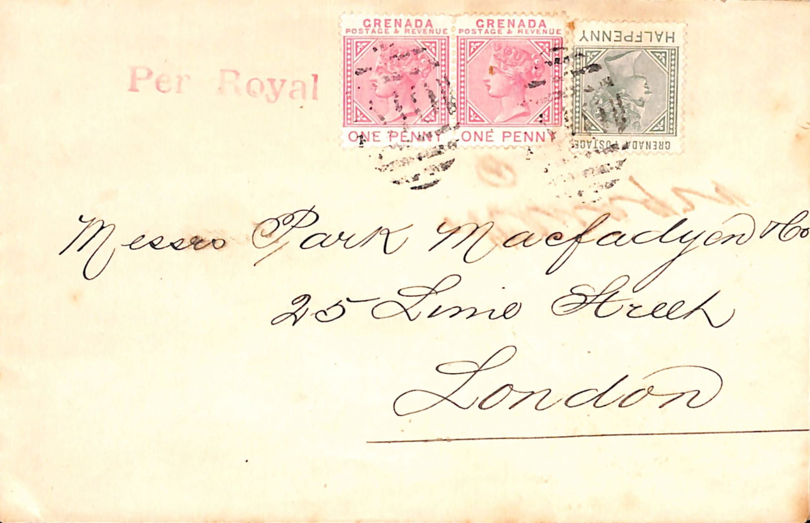 Saint Vincent / Grenada / Trinidad 1896: Title: Saint Vincent / Grenada / Trinidad 1896 Description: Cover to London with return address of Trinidad but franked by Grenada 1883 1/2d and 1887 1d pair (one with cor