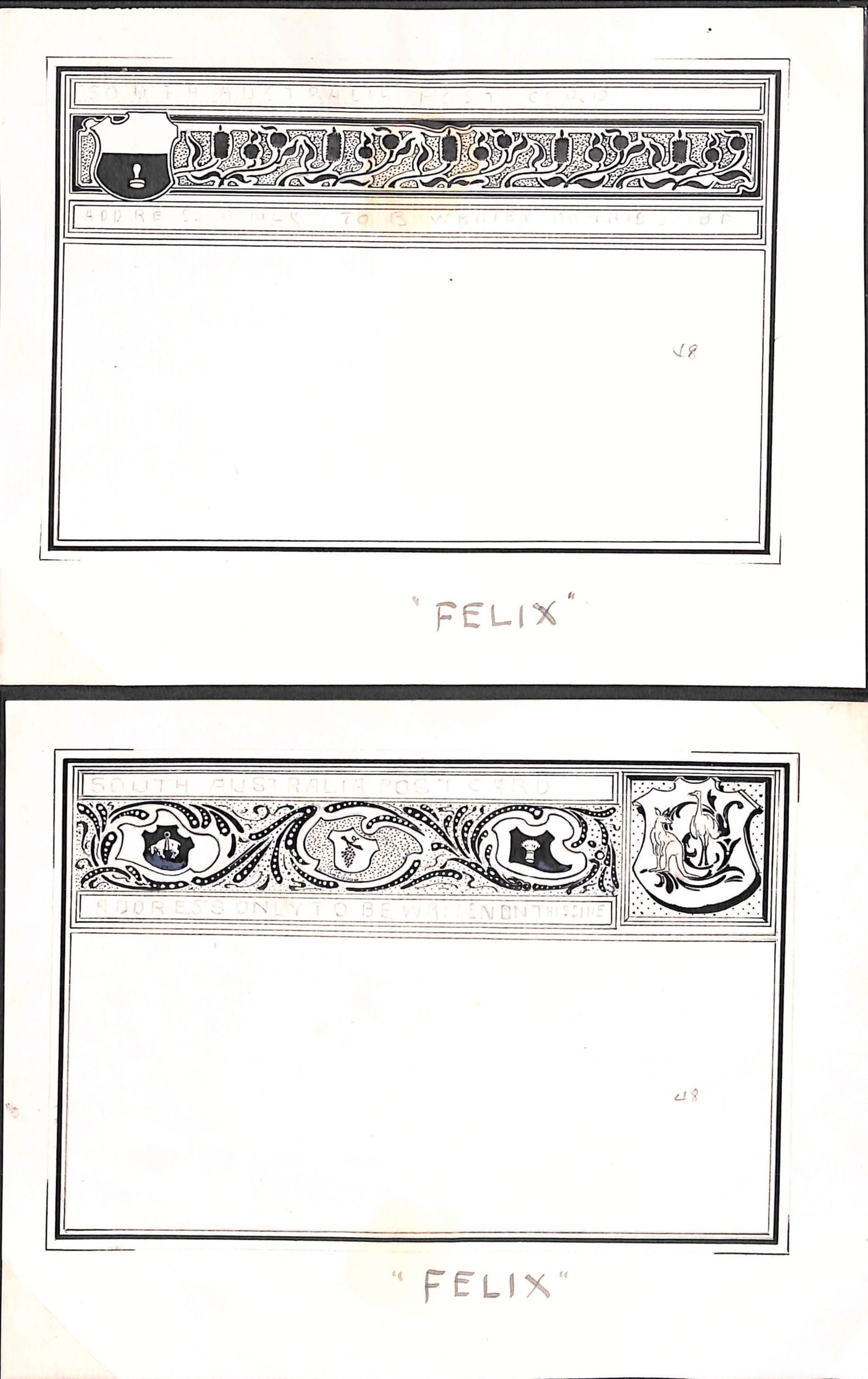 South Australia: Title: South Australia Description: 1891-96 Competition Essays - Two well drawn pen and ink designs for Postcards, endorsed "South Australia Post Card/Address only to be written on this