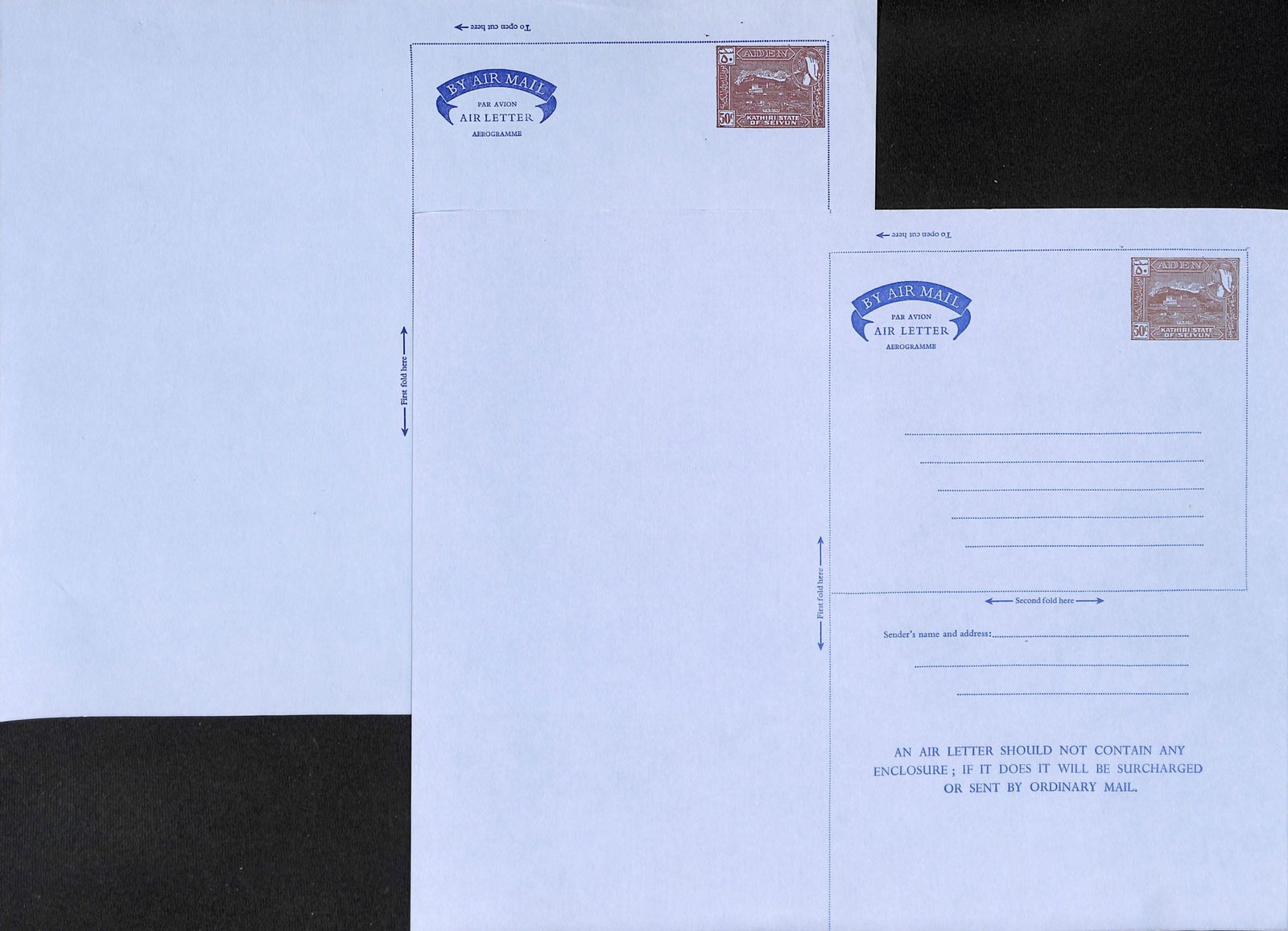 Aden 1960: Title: Aden 1960 Description: Kathiri State of Seiyun 50c Air Letter Sheet showing monolingual (English only) ungummed pair of proofs in light and dark brown printings depicting Sultan Hussain