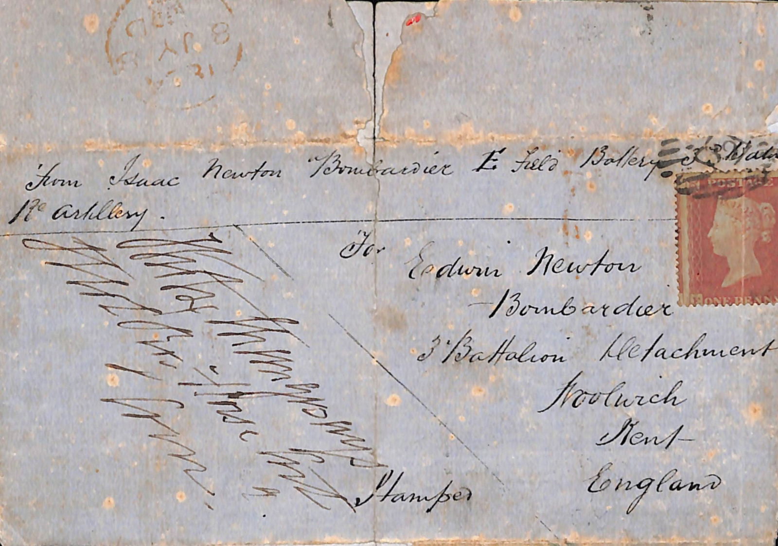 G.B. - Crimean War 1854 June 13: Title: G.B. - Crimean War 1854 June 13 Description: Entire letter (edge stains and central fold, a little splitting) written from Alladin in Turkey, the address panel headed "From Isaac Newton,