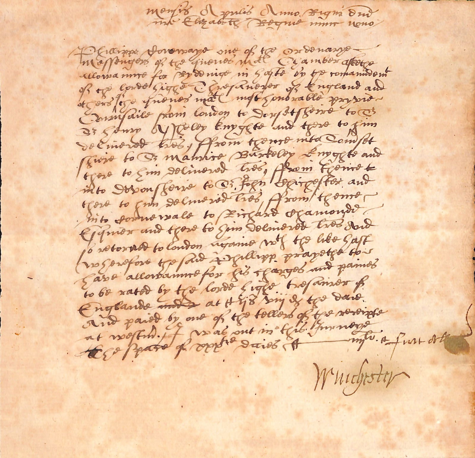 Great Britain London / Frees 1567 (April): Title: Great Britain London / Frees 1567 (April) Description: Treasury Warrant from the "ninth year of our Lady Queen Elizabeth" signed by William Paulet, first Marquis of Winchester and Lord