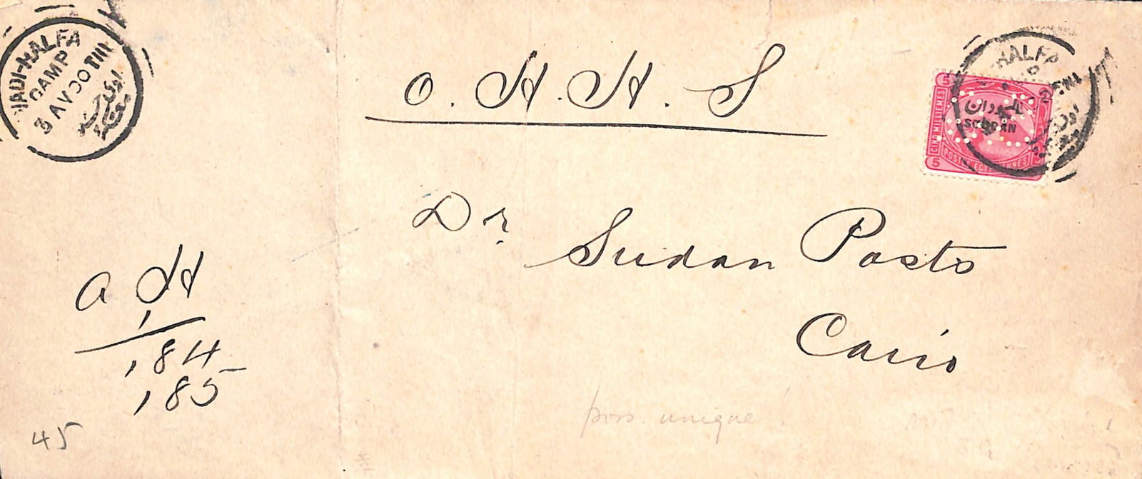 Sudan 1900: Title: Sudan 1900 Description: Long cover (vertical fold at left and small tear at top) endorsed "O.H.H.S.", from Wadi Halfa Camp to the Director of Sudan Posts in Cairo bearing 1900 5