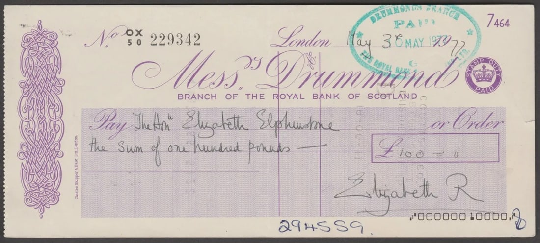 Royalty Queen Mother signed cheque May 1977 Elizabeth R on Messrs Drummond Royal Bank of Scotland: Title: Royalty Queen Mother signed cheque May 1977 Elizabeth R on Messrs Drummond Royal Bank of Scotland Description: Royalty Queen Mother signed cheque May 1977 Elizabeth R on Messrs