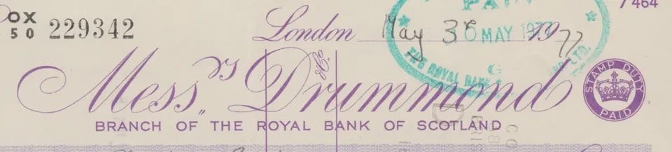 Royalty Queen Mother signed cheque May 1977 Elizabeth R on Messrs Drummond Royal Bank of Scotland - 3