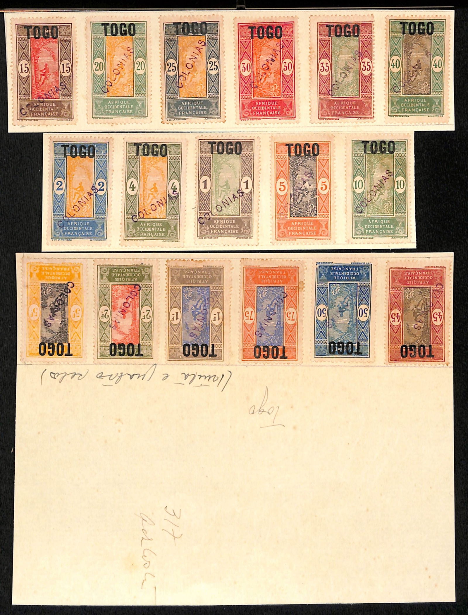 Togo 1921: Title: Togo 1921 Description: Overprinted on Dahomey set of 17 affixed to portions of album page, one signed by Postal Official A R Costa, handstamped "COLONIAS" in violet by the Portuguese Post
