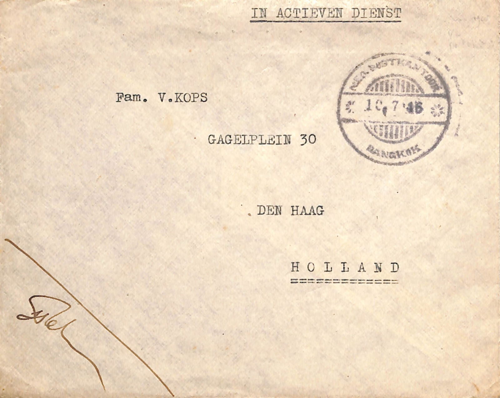 Siam 1946: Title: Siam 1946 Description: On Active Service cover to Holland with fine strike of the uncommon "NED-POSTKANTOOR/10/7/46/BANGK0K" in black, good condition.Ê This Post Office was opened to