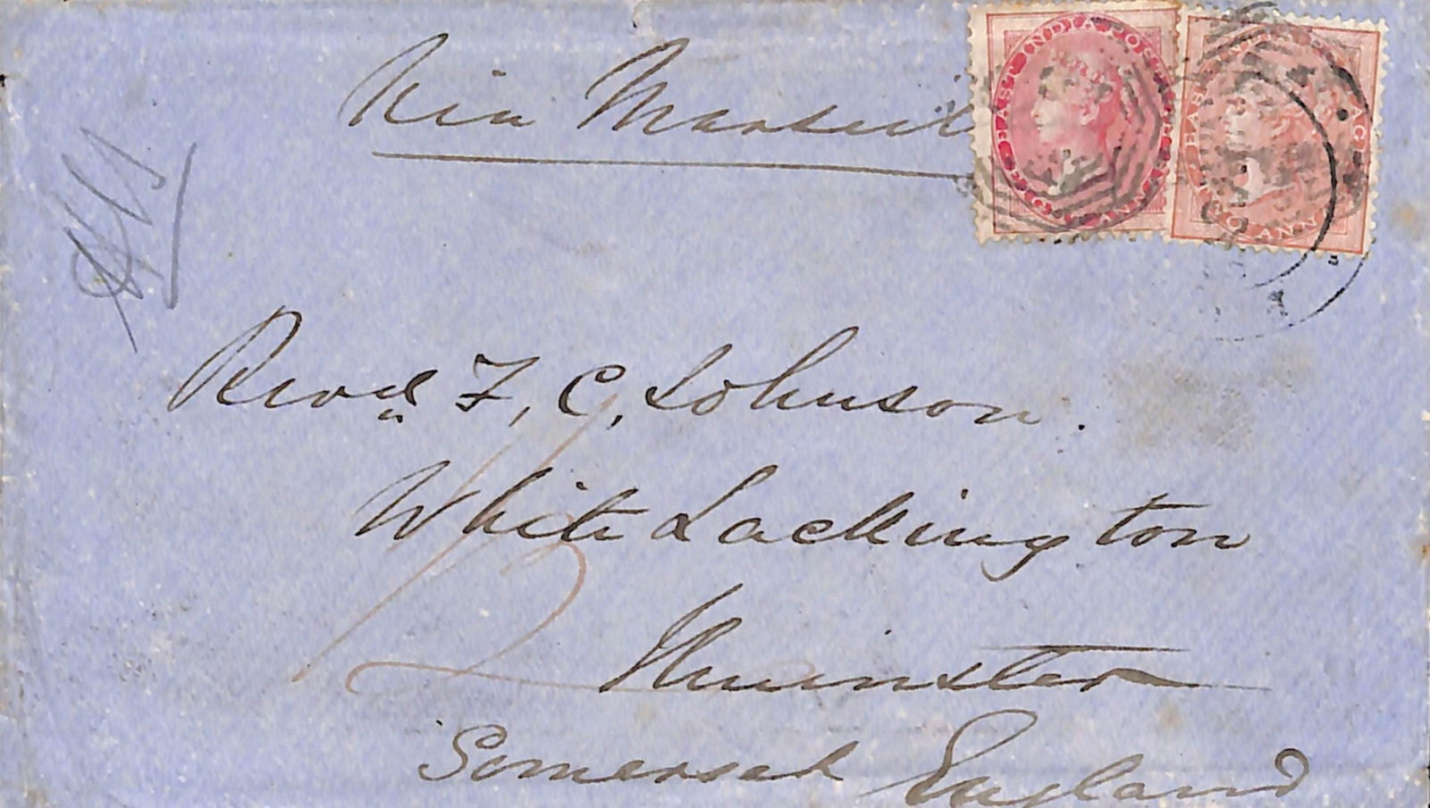 Sarawak 1862: Title: Sarawak 1862 Description: Neat Blue Envelope to the Revd. F.C. Johnson in Somerset, franked by 1856-64 2a dull pink and 8a carmine, tied by the uncommon "POST OFFICE / SARAWAK" double