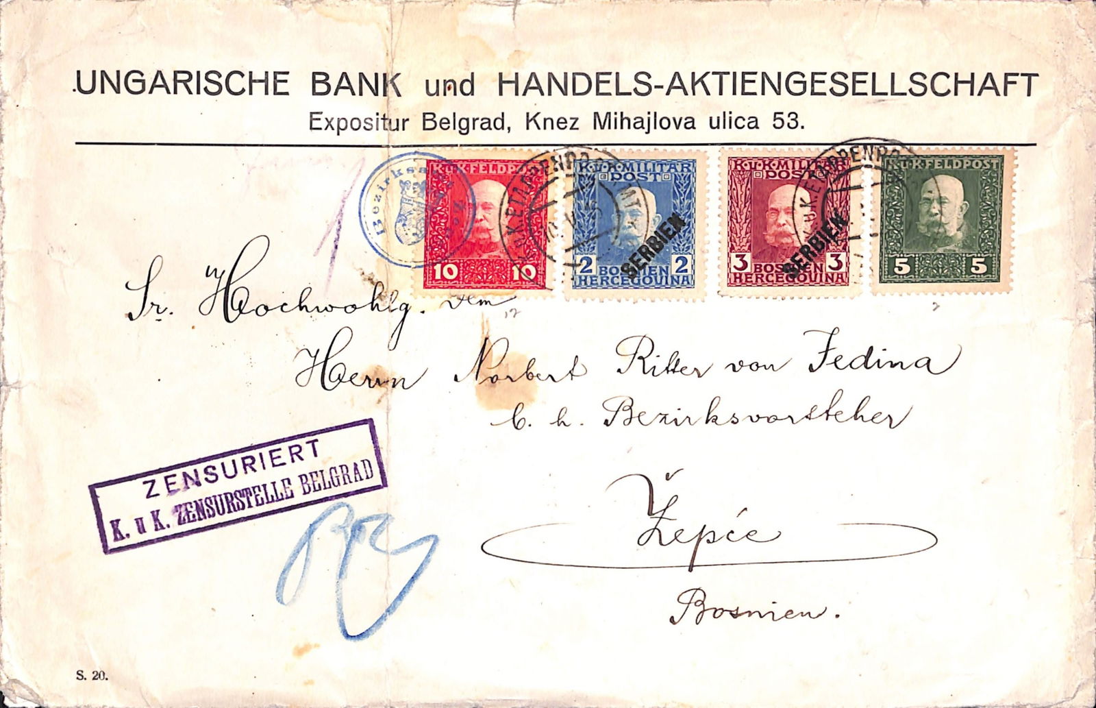 Serbia / Bosnia 1916: Title: Serbia / Bosnia 1916 Description: Cover (creased and stained) from Belgrade to Zepce with Austrian Military Post general issue 5h, 10h, amd issue for Serbia 2h, 3h, with Censor marks of