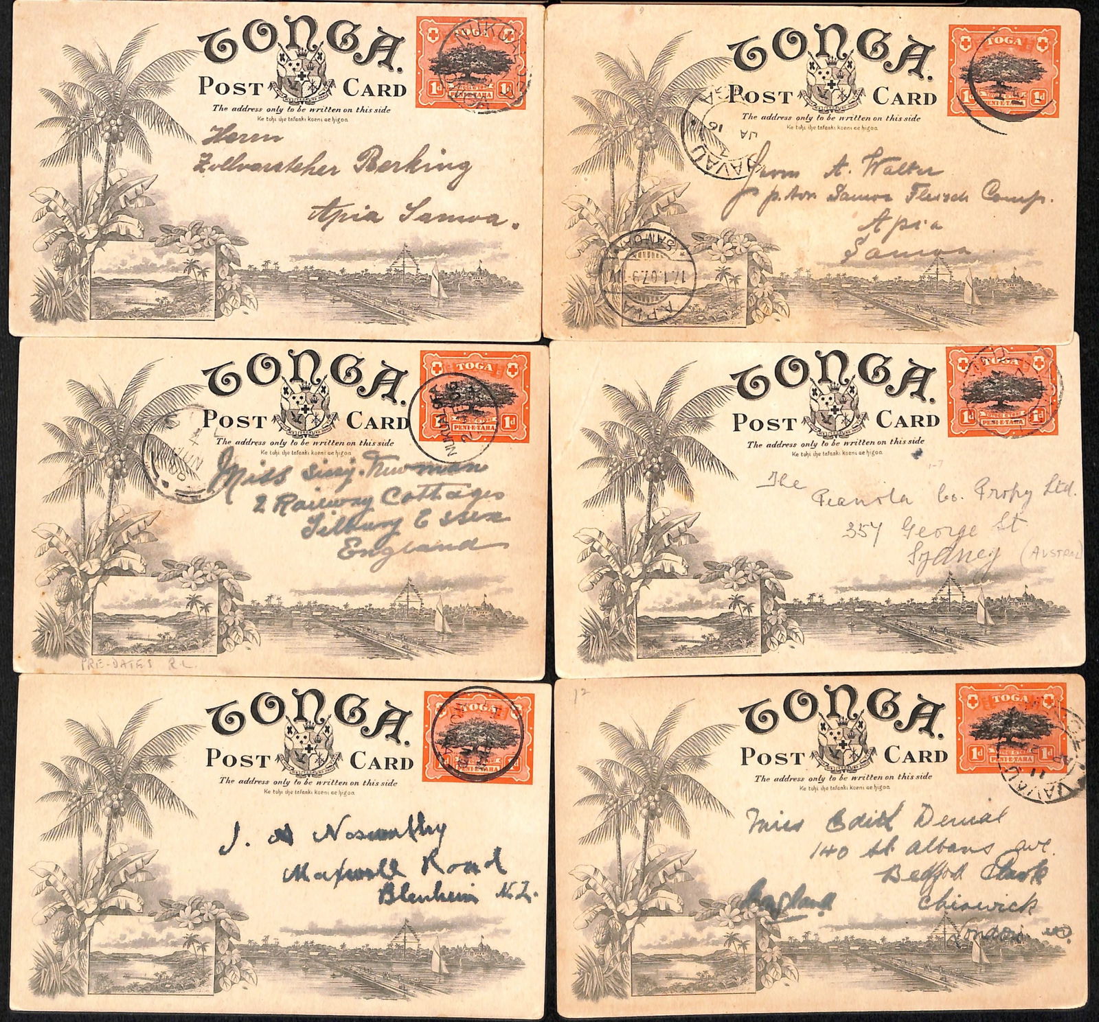 Tonga 1906: Title: Tonga 1906 Description: 1d postal stationery Post Cards with printed views on reverse, H&G 1a, the set of ten different views, good to fine used, one with corner crease, but an