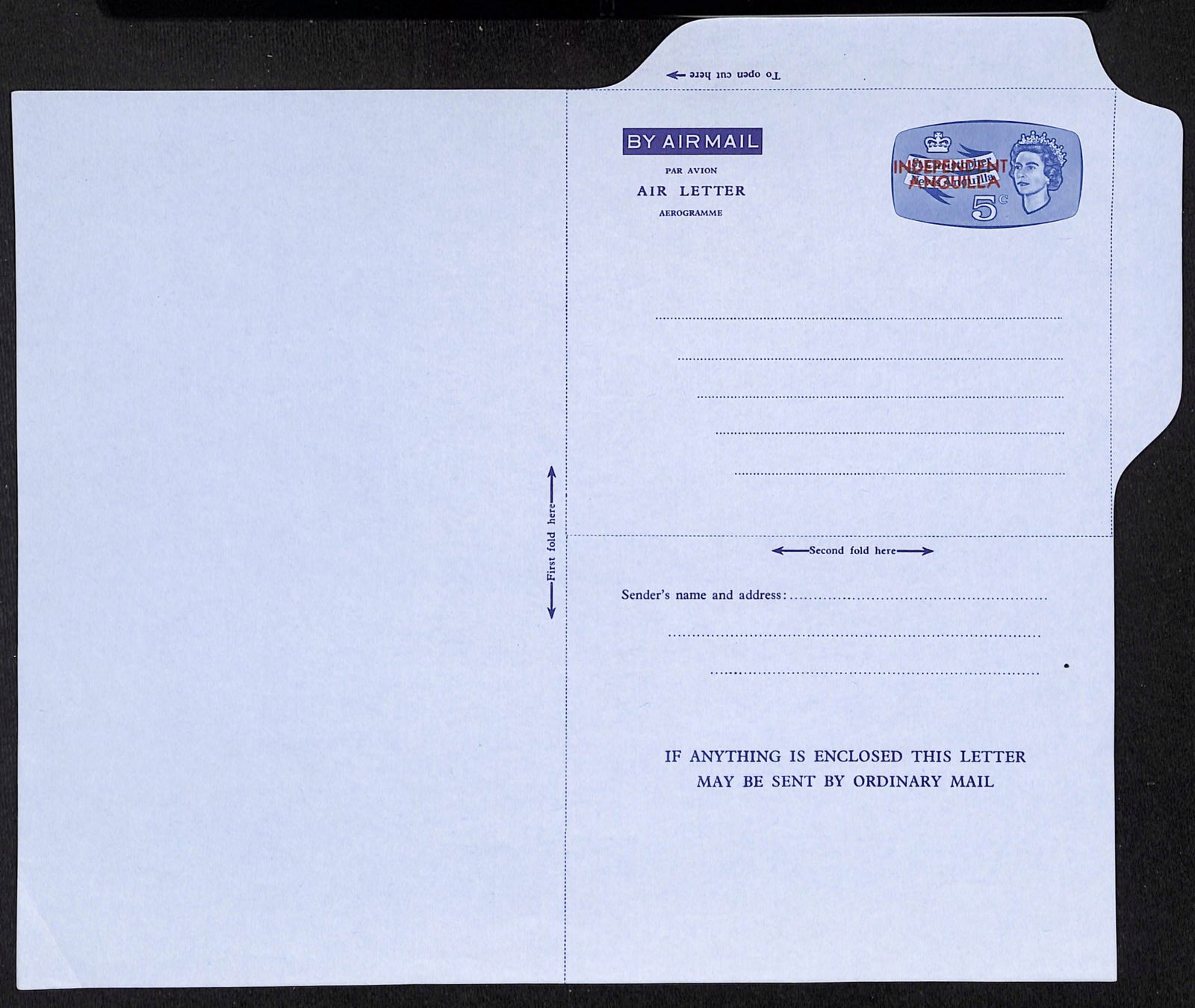 Anguilla 1967: Title: Anguilla 1967 Description: "INDEPENDENT ANGUILLA" overprint in red on St Christopher, Nevis, Anguilla 5c blue, aerogramme printed on blue air mail paper.Ê One of the scarce