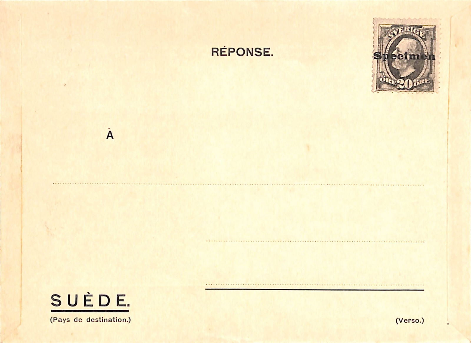 Universal Postal Union / Sweden 1906: Title: Universal Postal Union / Sweden 1906 Description: Sweden ESSAY for a Reply Envelope printed in black on both sides, the reverse side being headed "RƒPONSE", both sides with a 20
