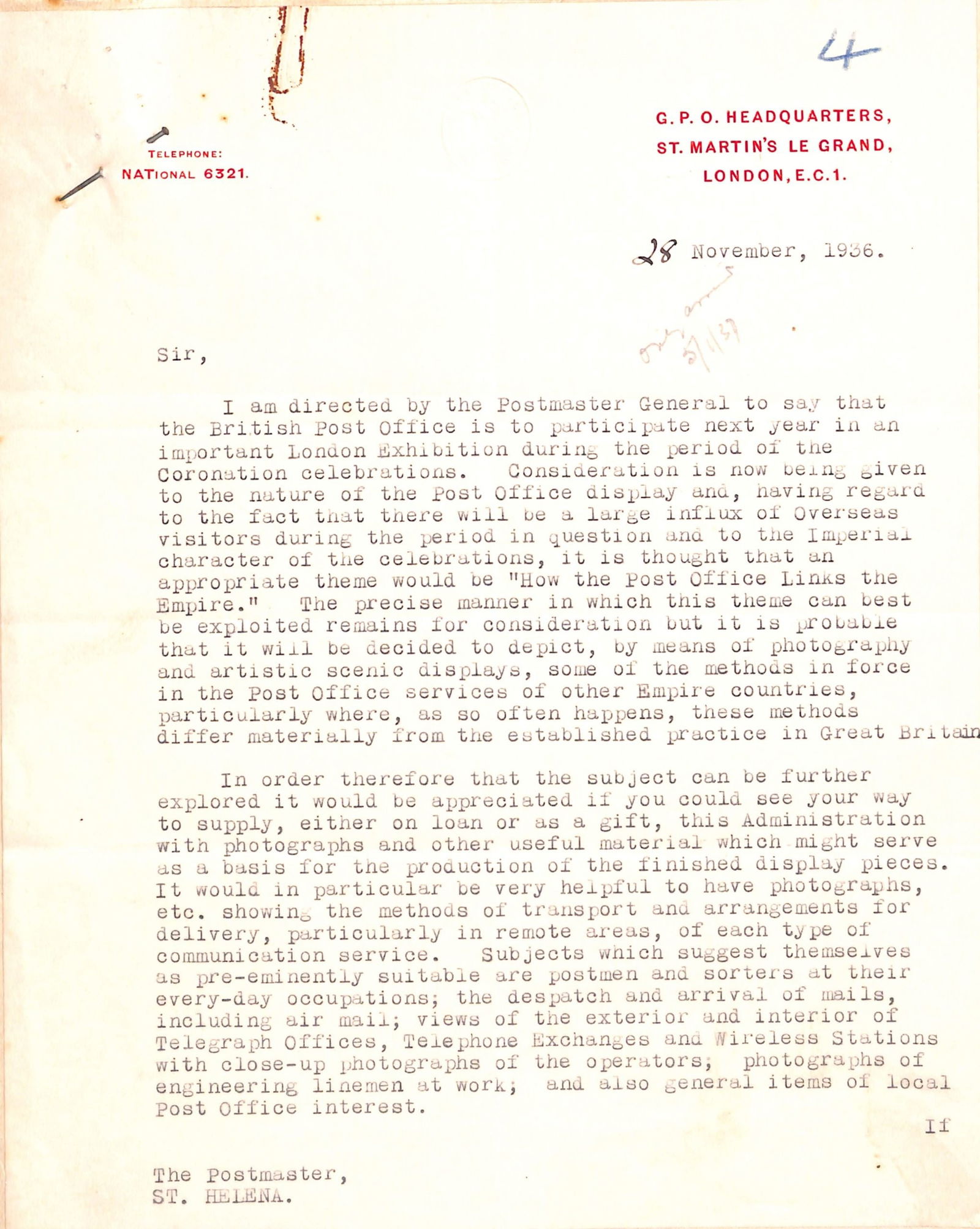 St. Helena / GB Exhibitions 1936: Title: St. Helena / GB Exhibitions 1936 Description: Official correspondence between GPO Headquarters London, The Postmaster, St. Helena and the Government Secretary, St. Helena regard