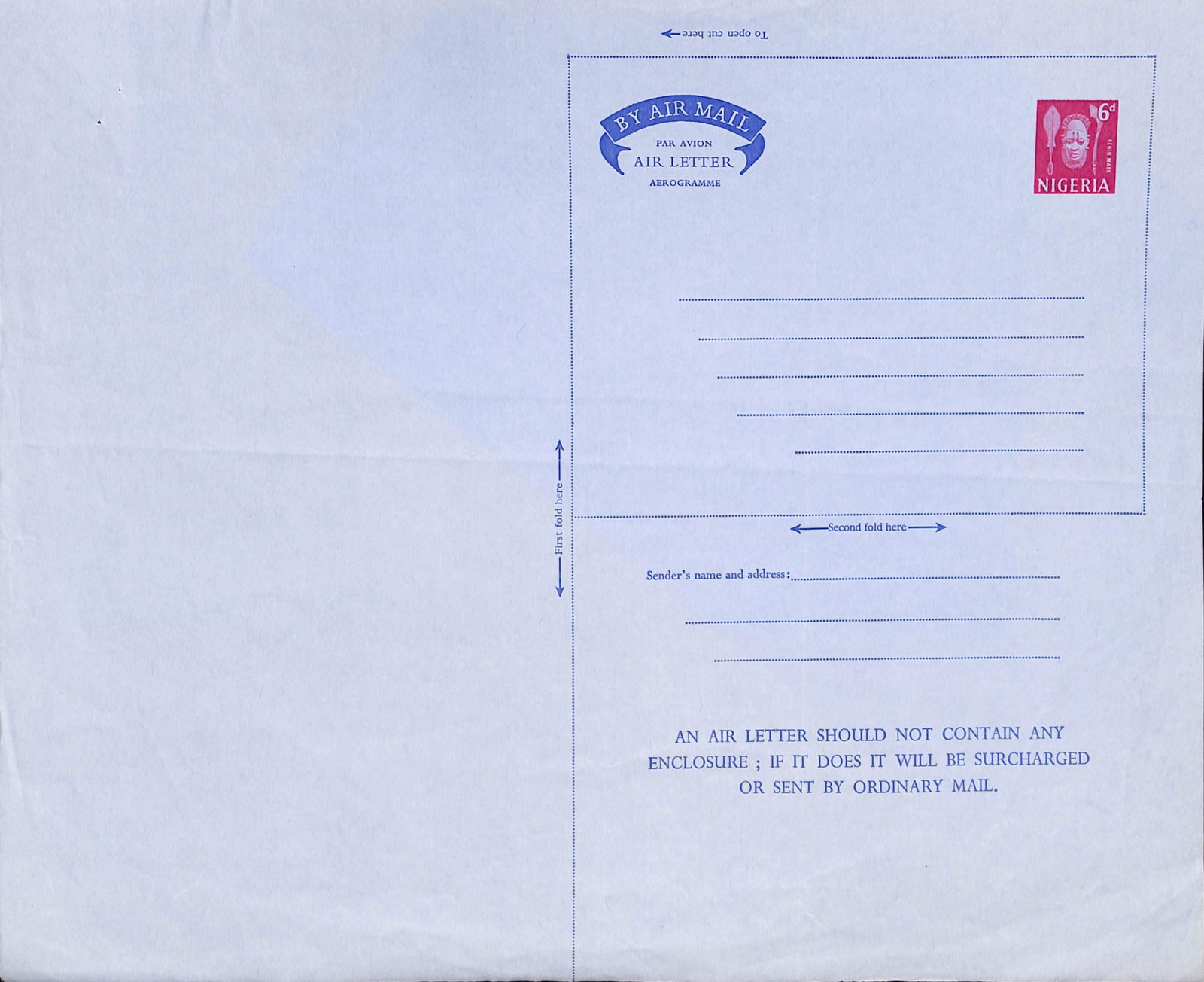 Nigeria 1964: Title: Nigeria 1964 Description: 6d Benin mask aerogramme printer's Plate Proof, untrimmed and ungummed on blue airmail paper.Ê With issued unfolded example for comparison. Delivery