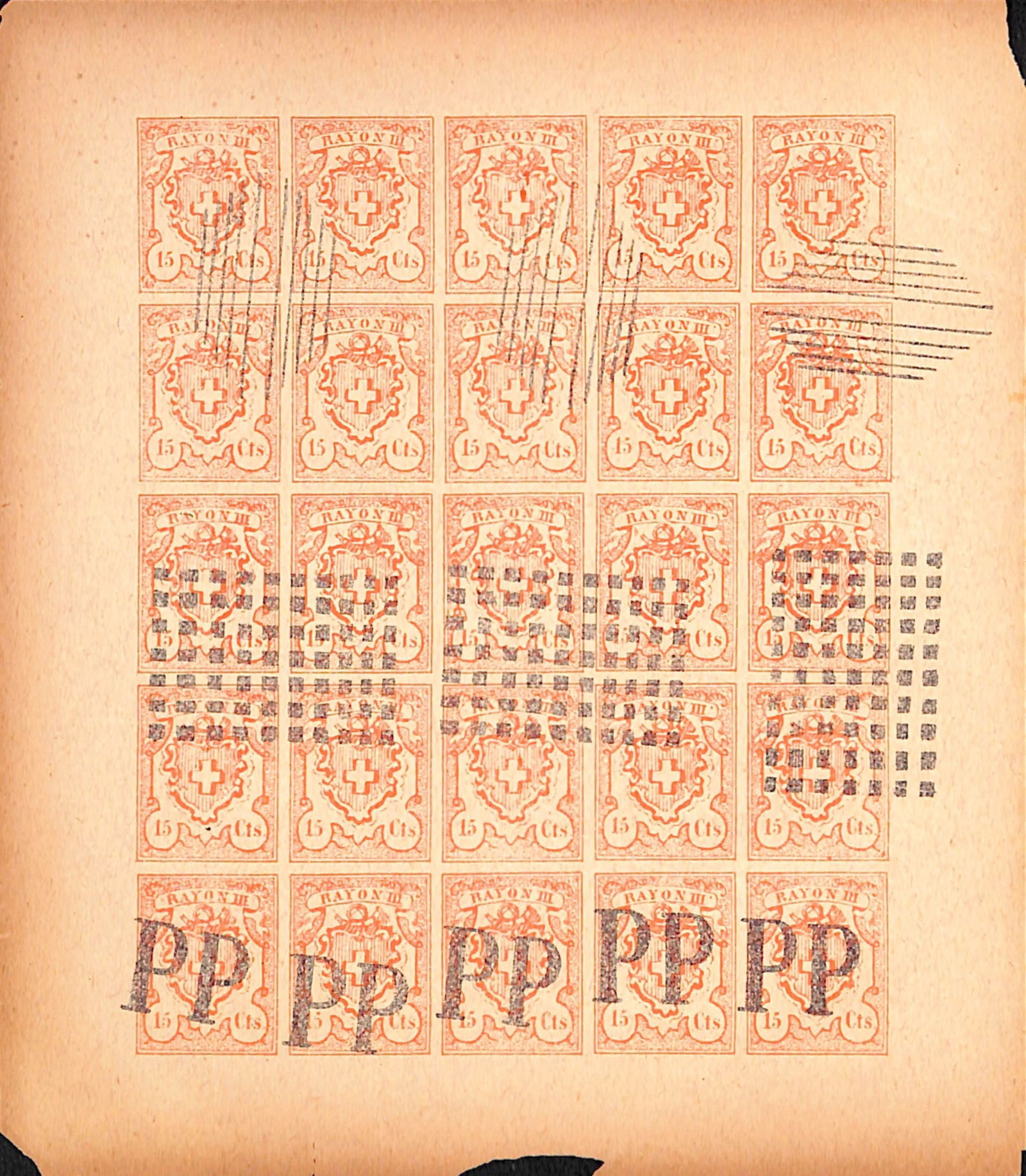 Switzerland - Spiro Forgeries 1852: Title: Switzerland - Spiro Forgeries 1852 Description: 15cts "RAYON III" in a complete sheet of 25 (5x5) 'used' with various 'cancels'. Delivery opt