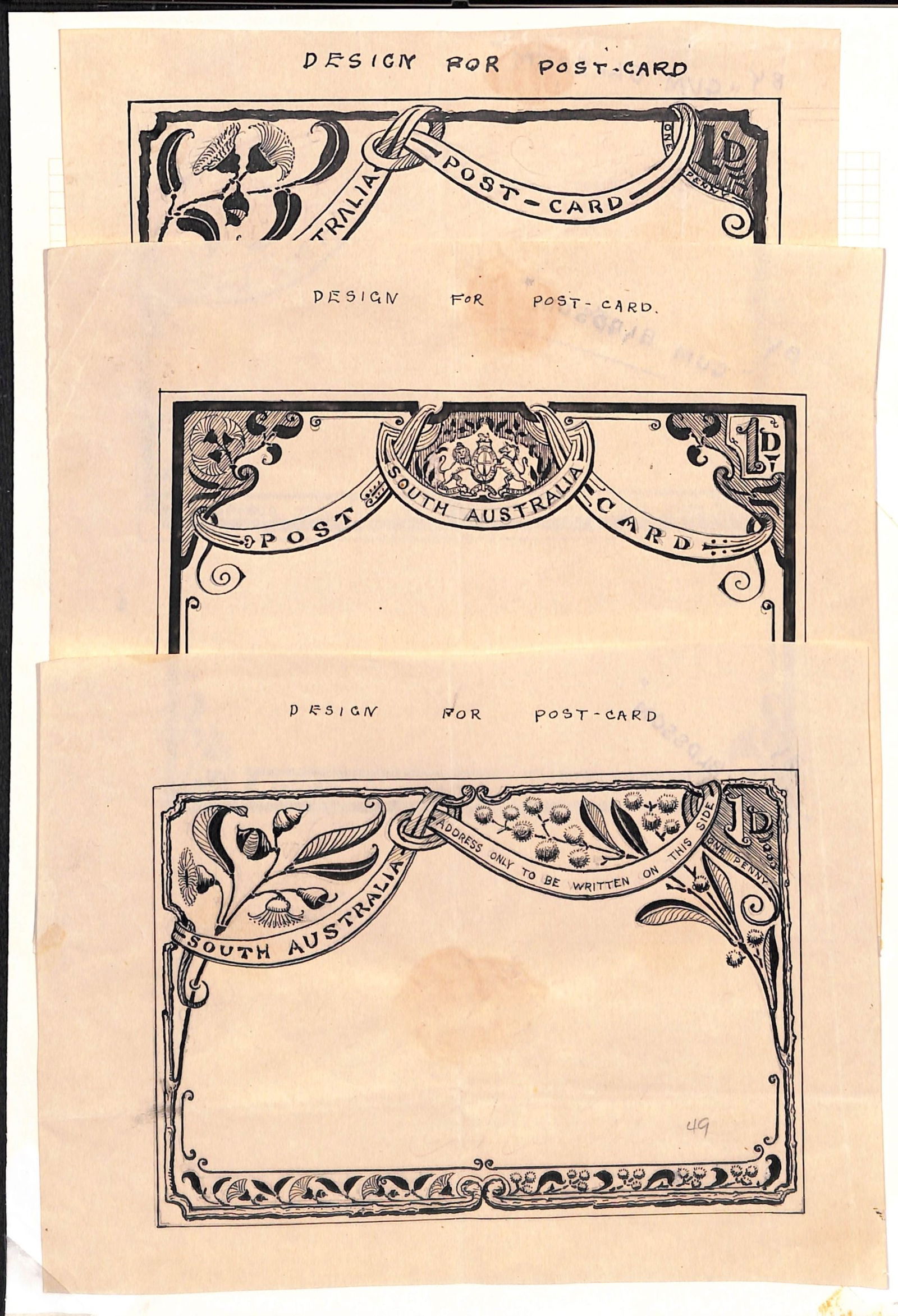 South Australia 1891-96: Title: South Australia 1891-96 Description: Competition Essays - Three pen and ink designs for Post Cards, without stamp designs, border ornamentation on all four sides, each one headed "Design