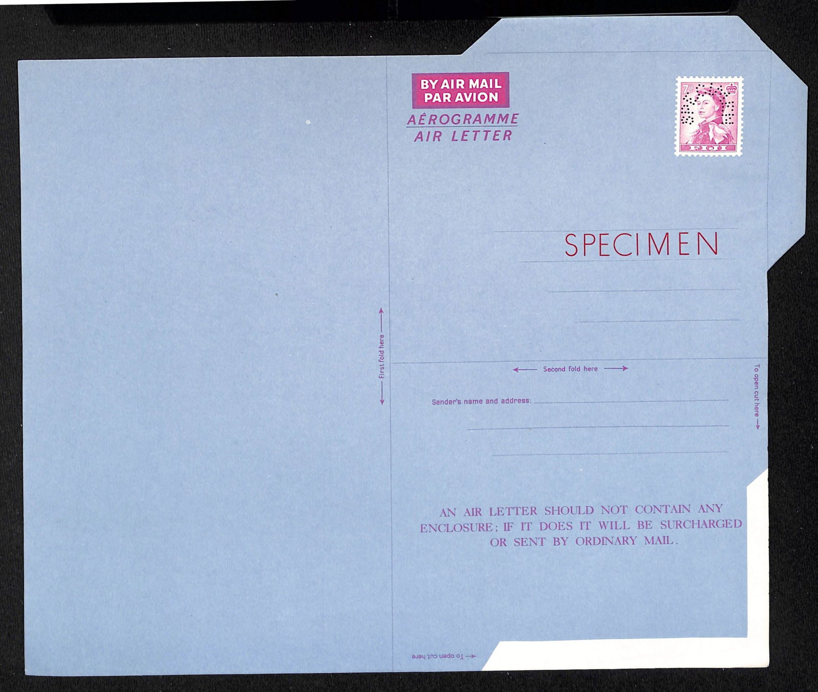 Fiji 1957: Title: Fiji 1957 Description: 7d purple Annigoni portriat of Q.E.II Airletter sheet overprinted "SPECIMEN" in red capitals in address panel, and exceptionally perforated by horseshoe "SPECIMEN"