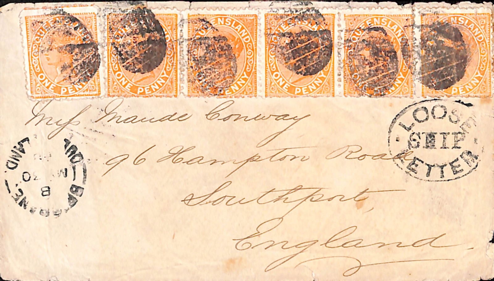 Queensland 1889: Title: Queensland 1889 Description: Cover to England franked 1d single and strip of five each with an indistinct numeral cancel, with a Brisbane datestamp and scarce oval framed "LOOSE / SHIP /