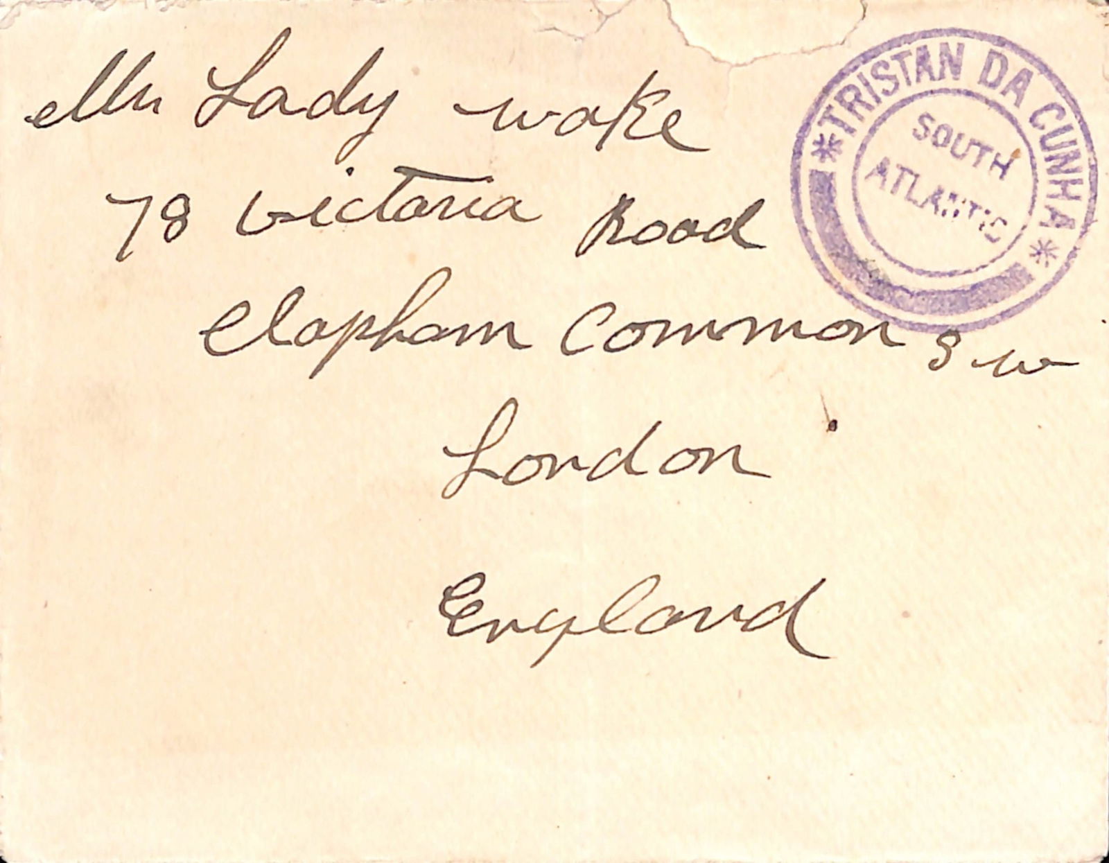 Tristan Da Cunha / Falkland Islands 1920: Title: Tristan Da Cunha / Falkland Islands 1920 Description: Stampless Cover to London with superb type II cachet in violet on the front, carried on the "Southern Cross" which left Tristan on