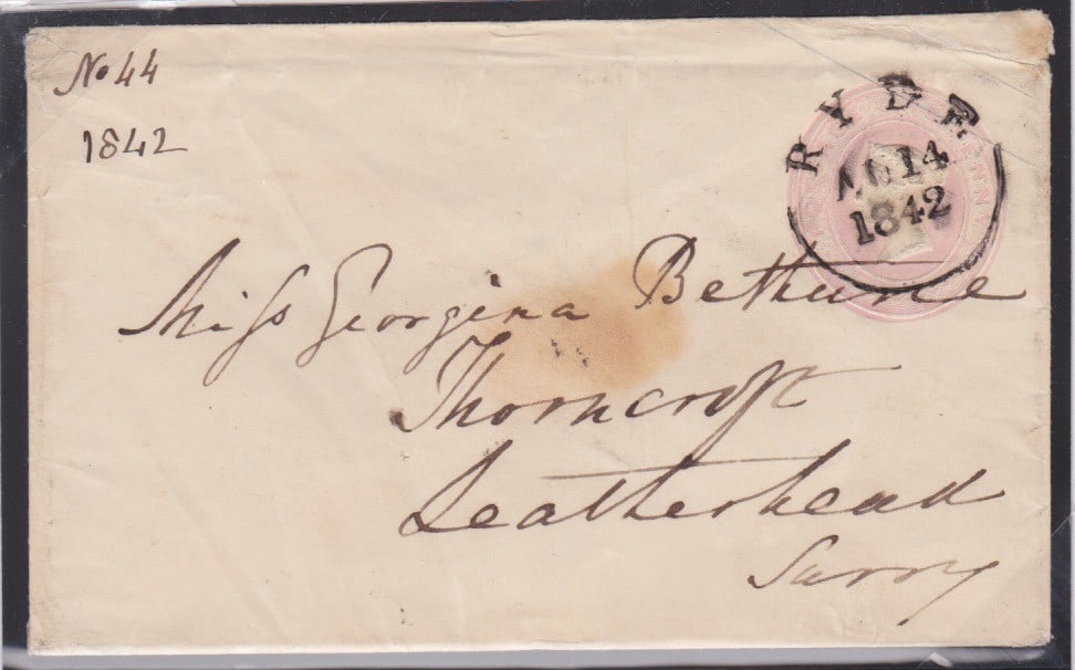 G.B. - Isle of Wight / Q.V. Postal Stationery 1842 (Aug 14): Title: G.B. - Isle of Wight / Q.V. Postal Stationery 1842 (Aug 14) Description: 1d Pink postal stationery envelope (small seal stain) cancelled by "RYDE" single arc datestamp, very unusual used