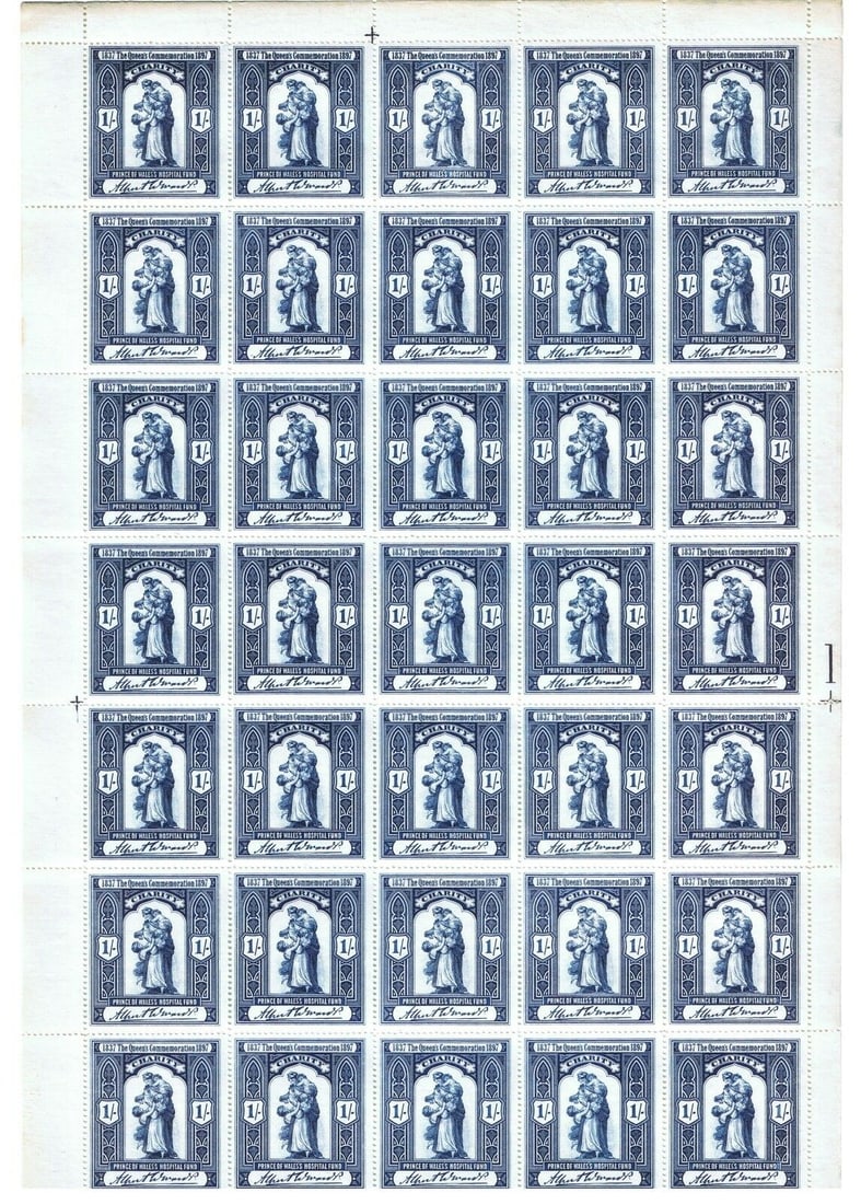 1897 Prince of Wales Hospital fund 1/- label in Complete Mint sheet of 40, printed by De La Rue. - 2