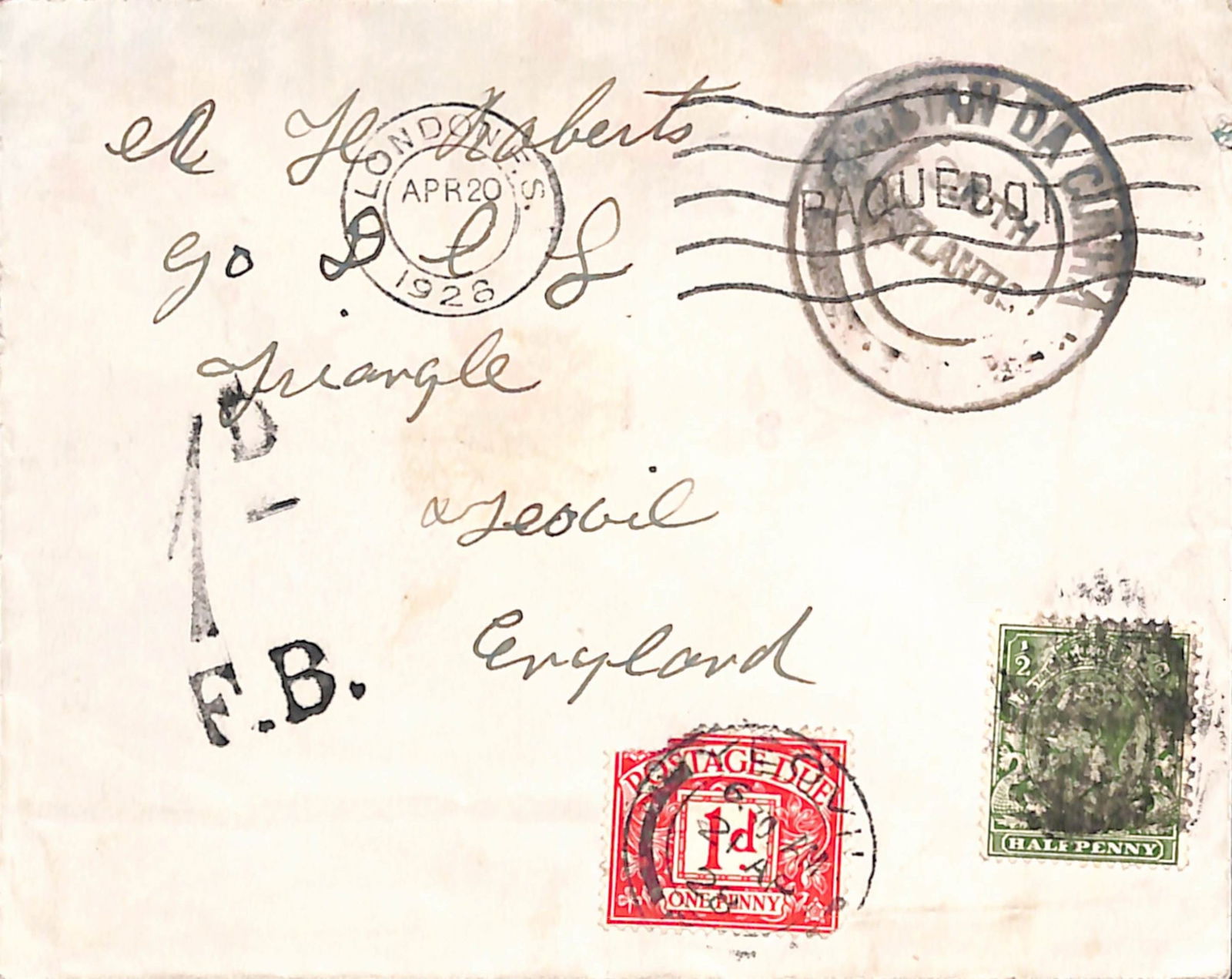 Tristan Da Cunha: Title: Tristan Da Cunha Description: 1928 Cover to Somerset with a watery but complete impression of the type II cachet and "LONDON PAQUEBOT" machine datestamp.Ê The cover was unu
