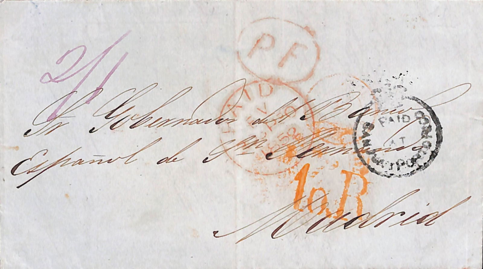 Puerto Rico 1852: Title: Puerto Rico 1852 Description: Entire Letter from Puerto Rico to Madrid via London, with "SAN-JUAN-PORTO-RICO" c.d.s. on reverse.Ê Prepaid 2/1 in manuscript, hence crowned circle in