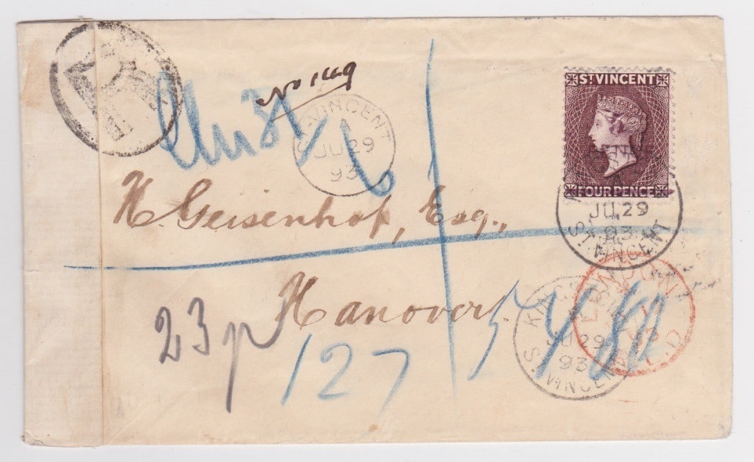 Saint Vincent 1893: Title: Saint Vincent 1893 Description: Registered cover to Germany bearing 1892 5d on 4d, posted at the village of Peruvian Vale where the small "ST VINCENT/A" c.d.s. was applied away from the