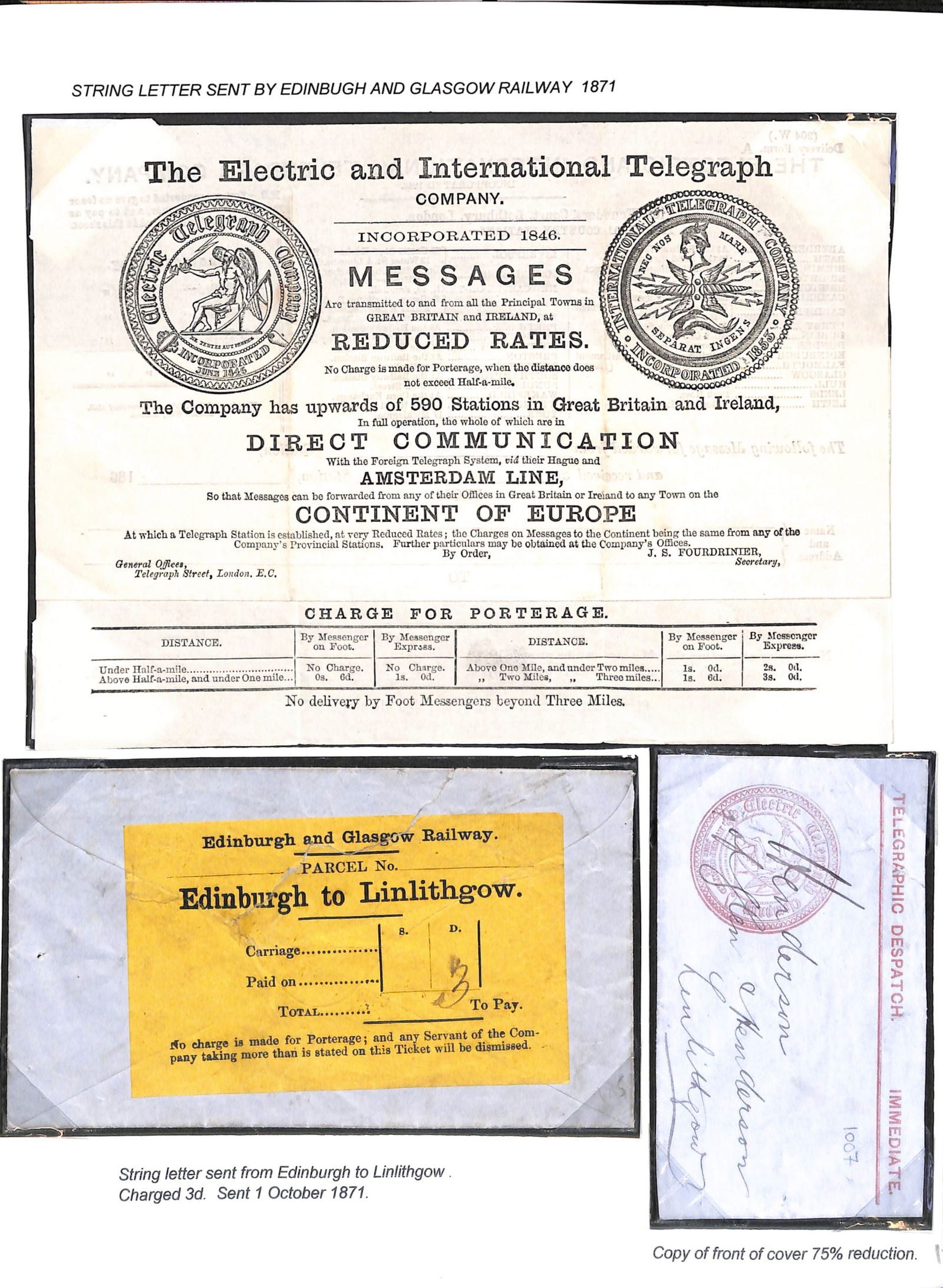 G.B. Railways / Telegraphs 1871: Title: G.B. Railways / Telegraphs 1871 Description: Electric Telegraph Company envelope, with enclosed telegraph message sent to Edinburgh and then delivered as a railway parcel to Linlithgow,