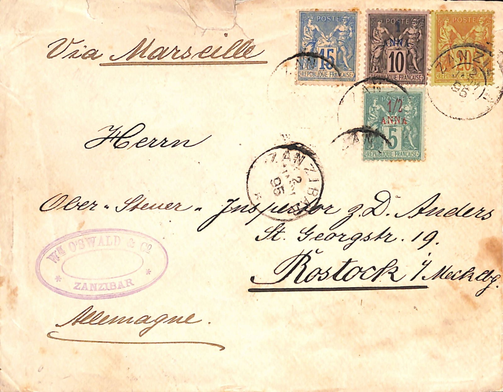 Zanzibar - French P.O. 1895: Title: Zanzibar - French P.O. 1895 Description: Commercial cover (small faults) to Germany franked by France 15c and 20c in combination with French P.O. in Zanzibar 1/2a on 5c and 1a on 10c