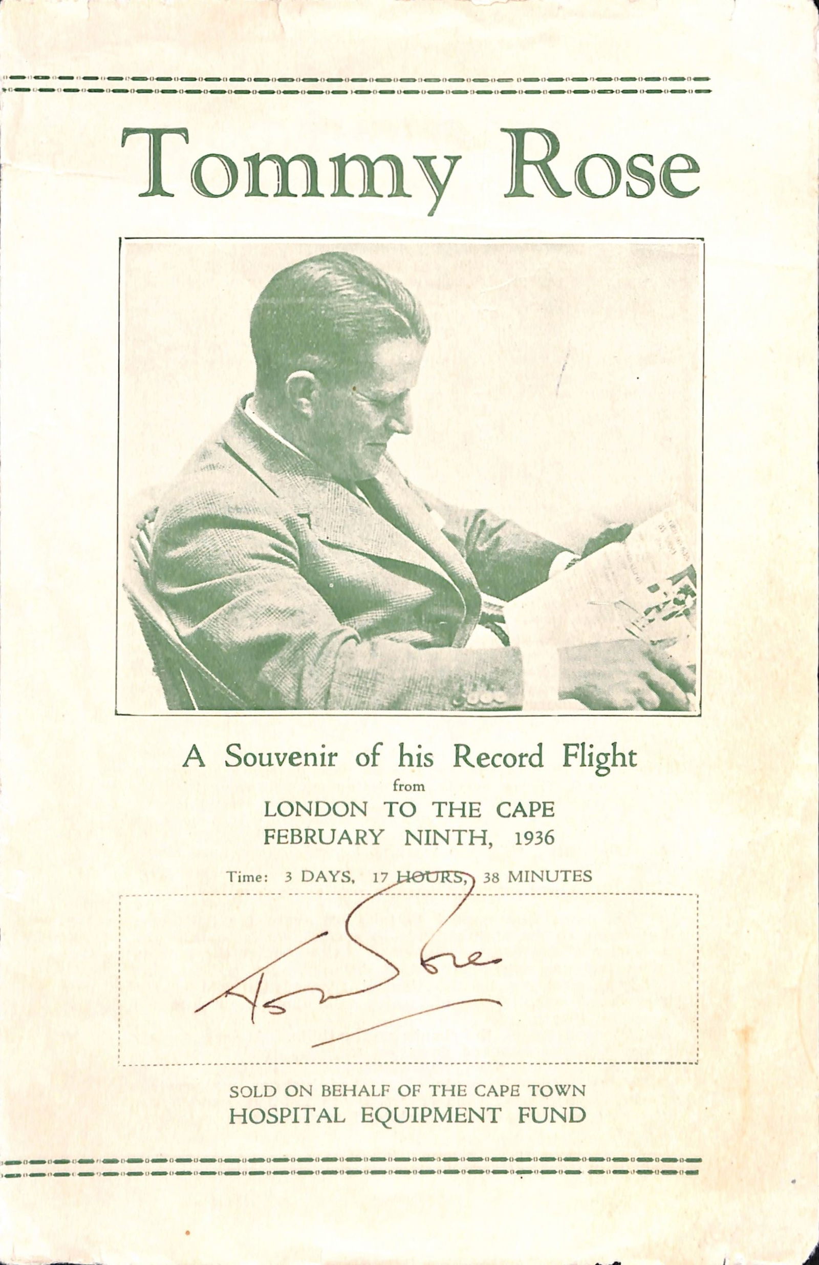 South Africa/Airmail 1936: Title: South Africa/Airmail 1936 Description: Souvenir pamphlet of the Record Flight from London to Cape Town signed by Tommy Rose. Delivery option: Collection & Delivery Category: