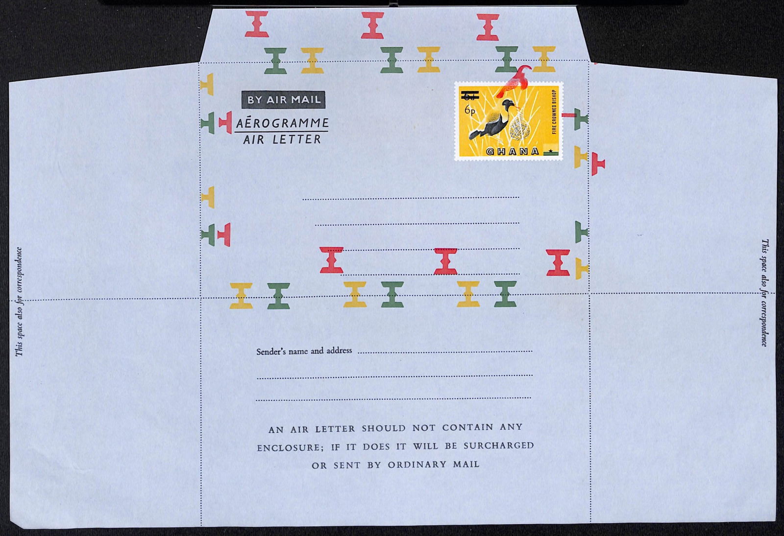 Ghana 1965: Title: Ghana 1965 Description: 6p on 6d Fire-crowned Bishop Bird aerogramme Higgins and Gage 7 watermark Imperial Air letter 'V' with dramatic 1/2inch (12mm) red colour shift impacting the