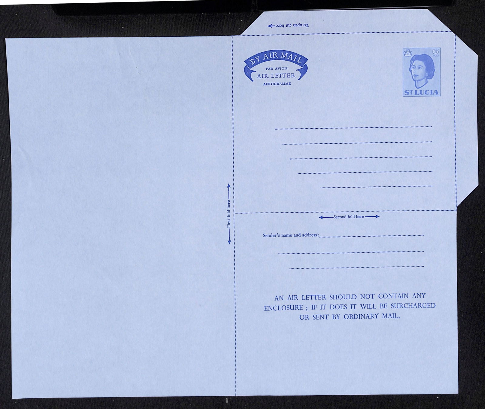 Saint Lucia 1965: Title: Saint Lucia 1965 Description: Aerogramme: guillotined ungummed 6c blue Essay on airmail paper, from the printer's archive. Delivery option:</