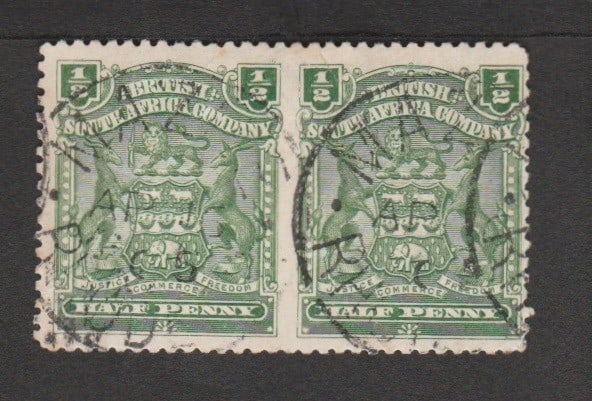 Rhodesia 1898: Title: Rhodesia 1898 Description: 1/2d Green horizontal pair, variety imperforate between, fine used, each with a Mazoe c.d.s.Ê An unusual variety, unlisted by S.G. who only list the