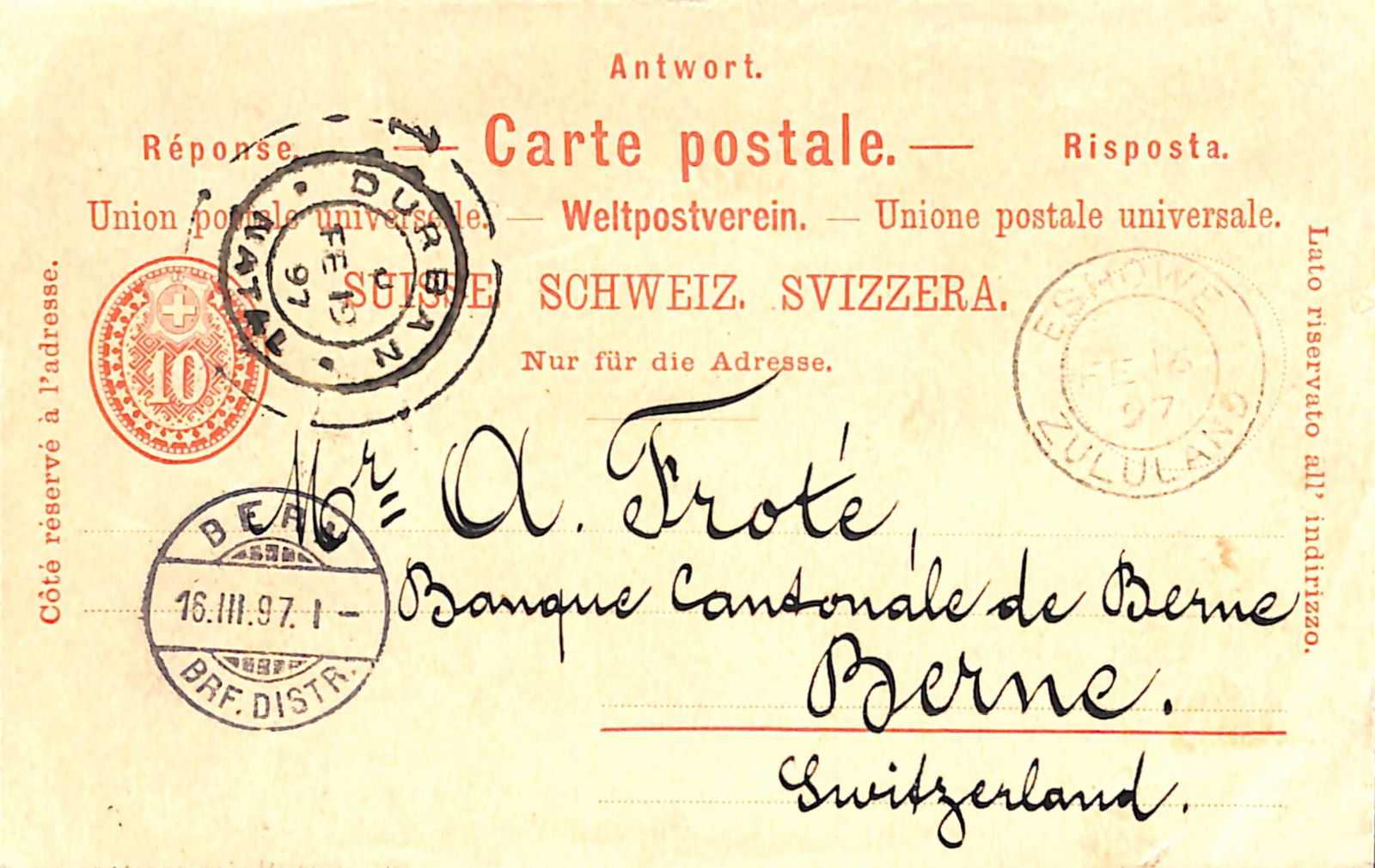 Zululand / Switzerland 1897: Title: Zululand / Switzerland 1897 Description: Switzerland 10c postal stationery reply card, the reply half posted from Zululand back to Switzerland, the reverse bearing a list of the stamps