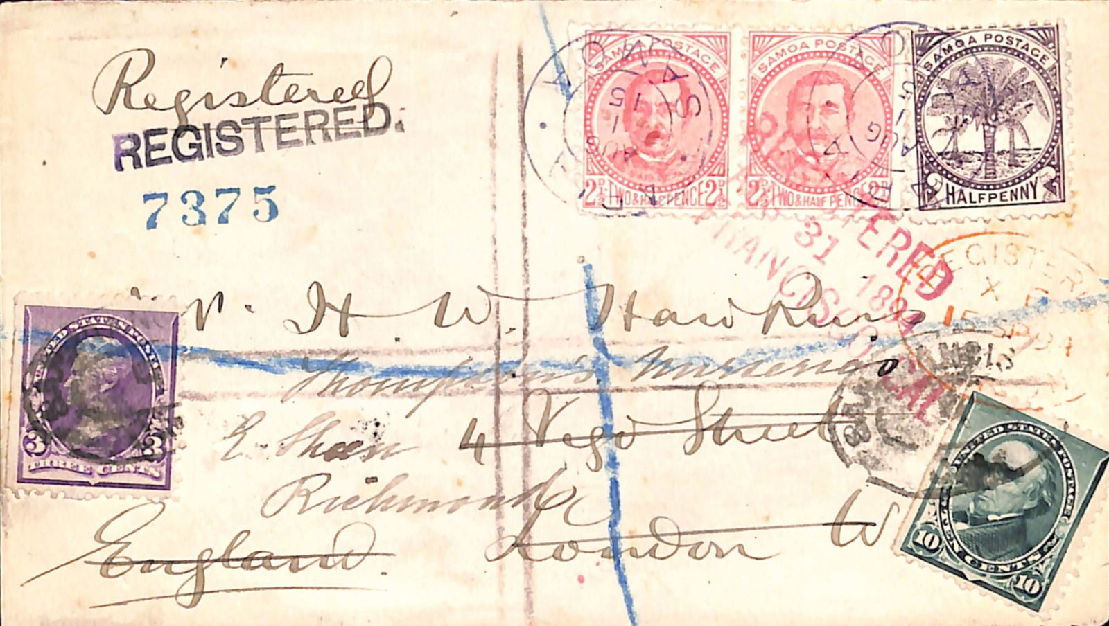 Samoa / USA 1894: Title: Samoa / USA 1894 Description: Registered cover from Apia to London franked by Samoa 1886-94 1/2d and 2.1/2d pair cancelled by violet Apia datestamps, and USA 1890-93 3c and 10c both