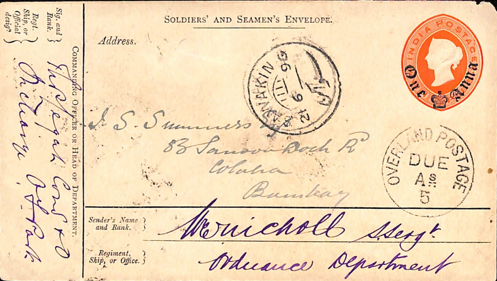 Sudan 1896 (June 21): Title: Sudan 1896 (June 21) Description: India 1a Soldier's and Seamen's envelope from a Staff Sergeant in the Ordnance Dept., posted into the civil P.O. at Sawakin (Suakin) instead of