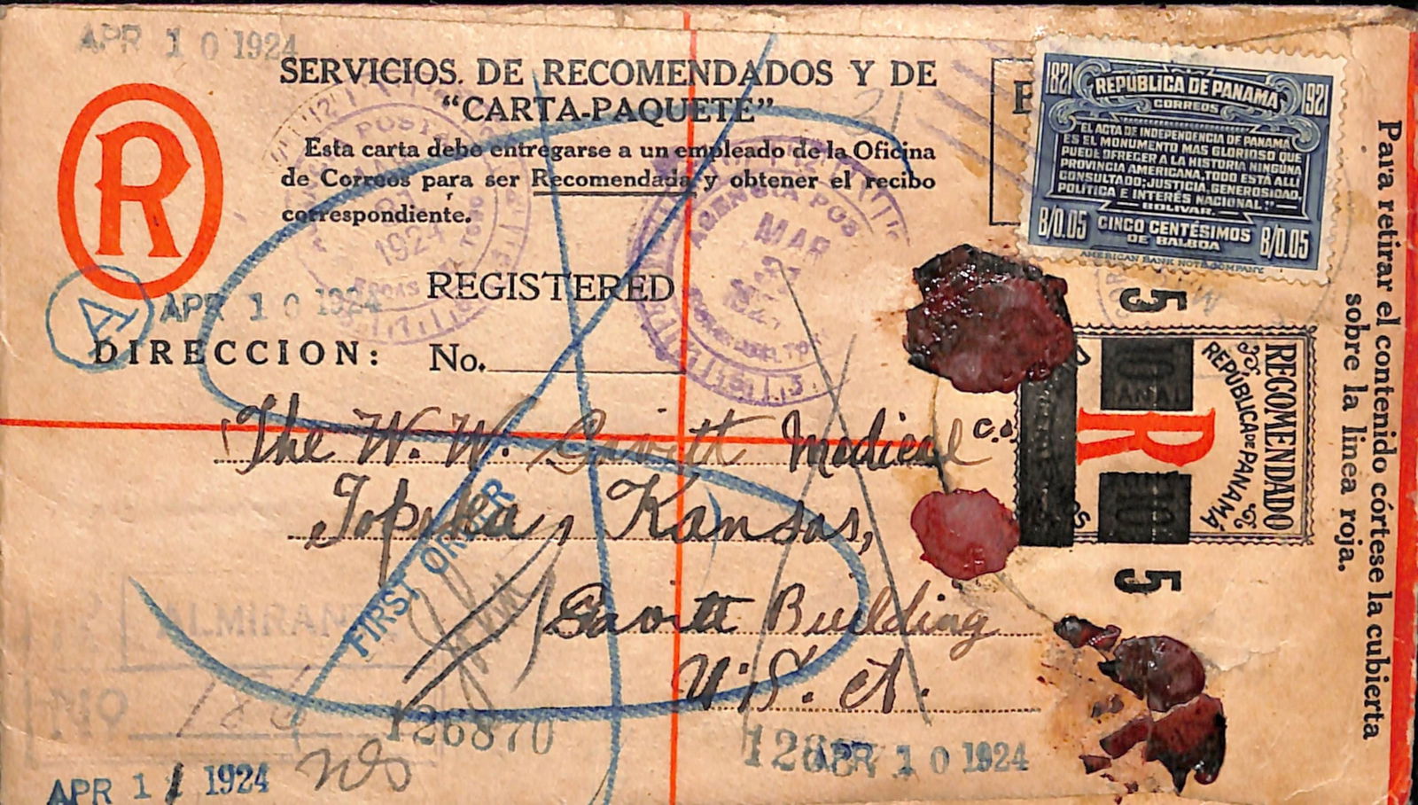 Panama/Canal Zone 1924: Title: Panama/Canal Zone 1924 Description: This envelope was originally prepared as a 10 cent Registered envelope for the Canal Zone, for some reason it was rejected. The 10Ê 10 figures and