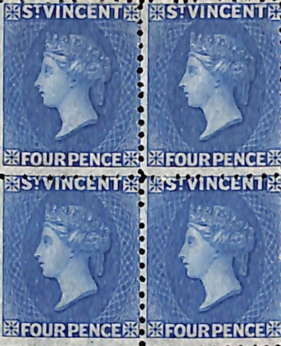 Saint Vincent 1866: Title: Saint Vincent 1866 Description: 4d deep blue perf 11 to 12 1/2 unused block of four.Ê An unusually fine and very scarce multiple. Delive