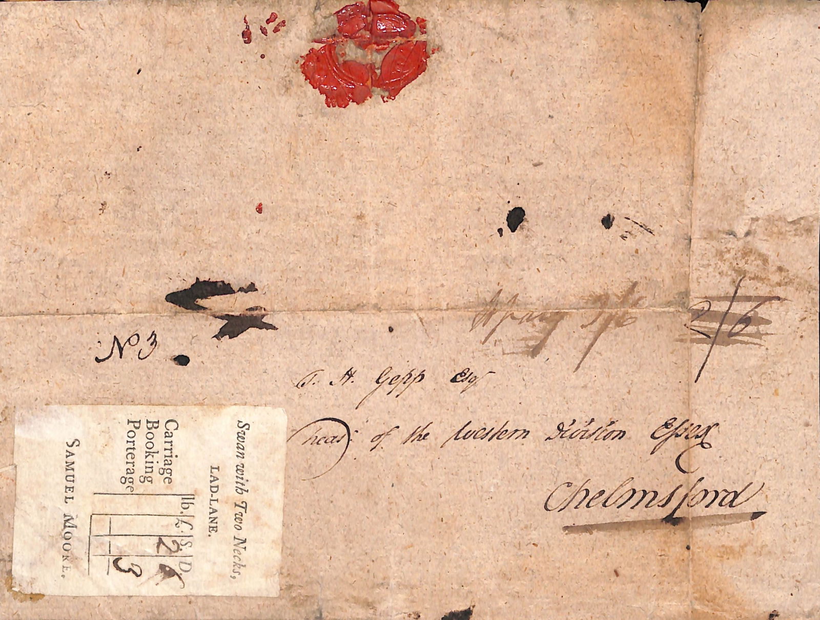 Great Britain - Carriers c1800: Title: Great Britain - Carriers c1800 Description: Front from a parcel sent by mail coach from London to Chelmsford, endorsed "to pay 3/6" (altered from 2/6) bearing a label from the Swan "with