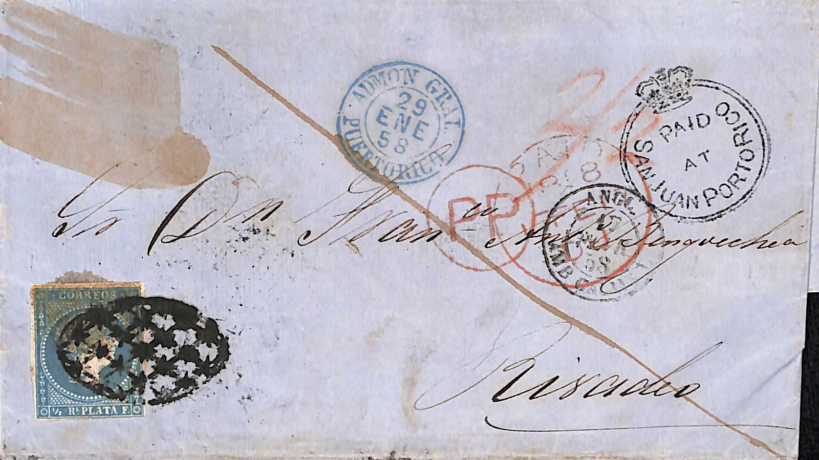 Puerto Rico 1857: Title: Puerto Rico 1857 Description: Entire to Rivadeo via London franked by Spanish Colonies 1857 1/2r greenish blue, tied by quilted oval cancel in black, in combination with British Post