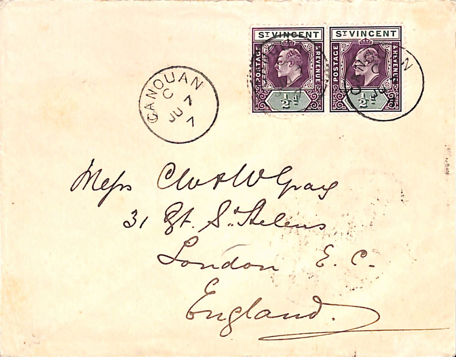 Saint Vincent 1907: Title: Saint Vincent 1907 Description: Cover to London franked KEVII 1/2d pair each cancelled by "CANOUAN" c.d.s. code "C" with the year shown as "7", a third strike alongside the stamps.Ê